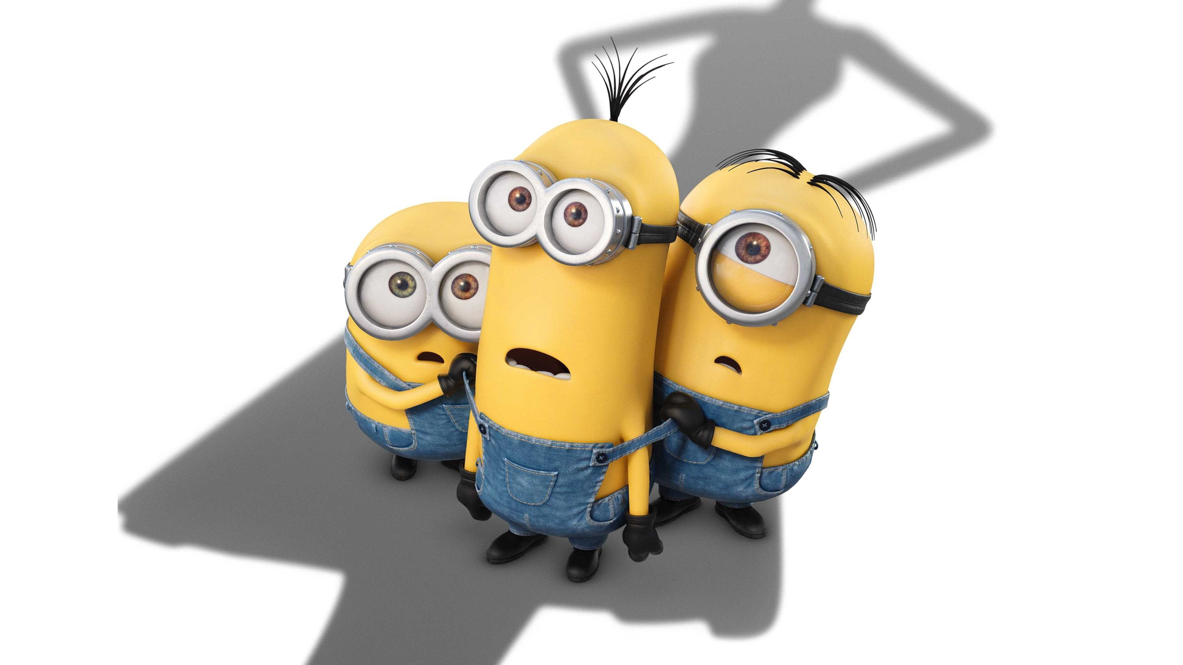 Kevin Stuart and Bob Minions, Scared huddled pose, Looming villain shadow Kevin Stuart and Bob Minions, Scared huddled pose, Looming villain shadow — 3840×2160 HD wallpaper