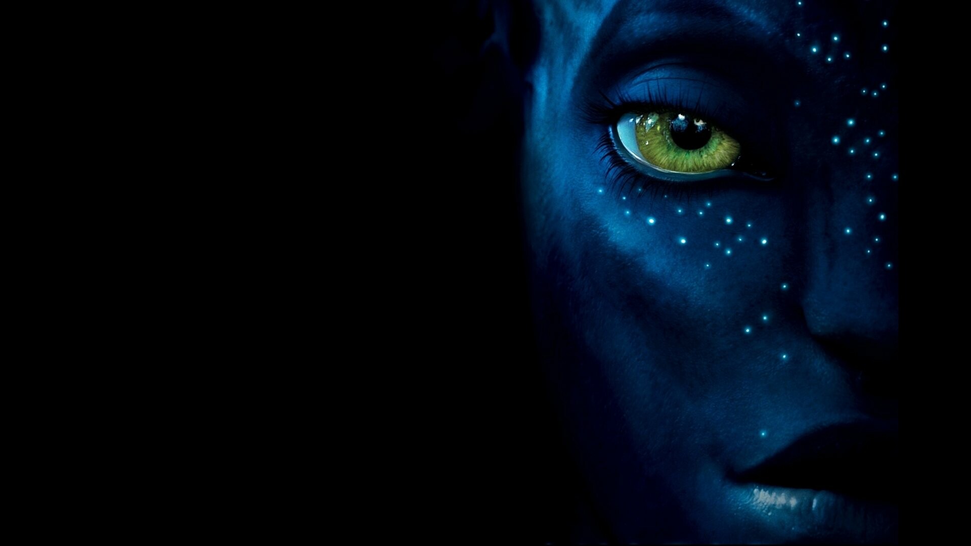 Jake Sully avatar, Bioluminescent Na'vi freckles, Black teaser poster — 1920×1080 HD wallpaper