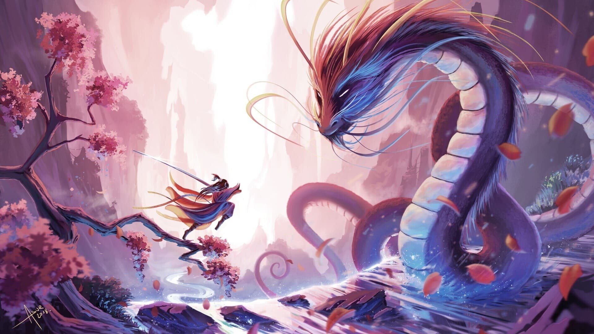 Eastern serpent dragon, Leaping sword warrior, Pink cherry blossoms, Misty canyon Eastern serpent dragon, Leaping sword warrior, Pink cherry blossoms, Misty canyon — 1920×1080 HD wallpaper