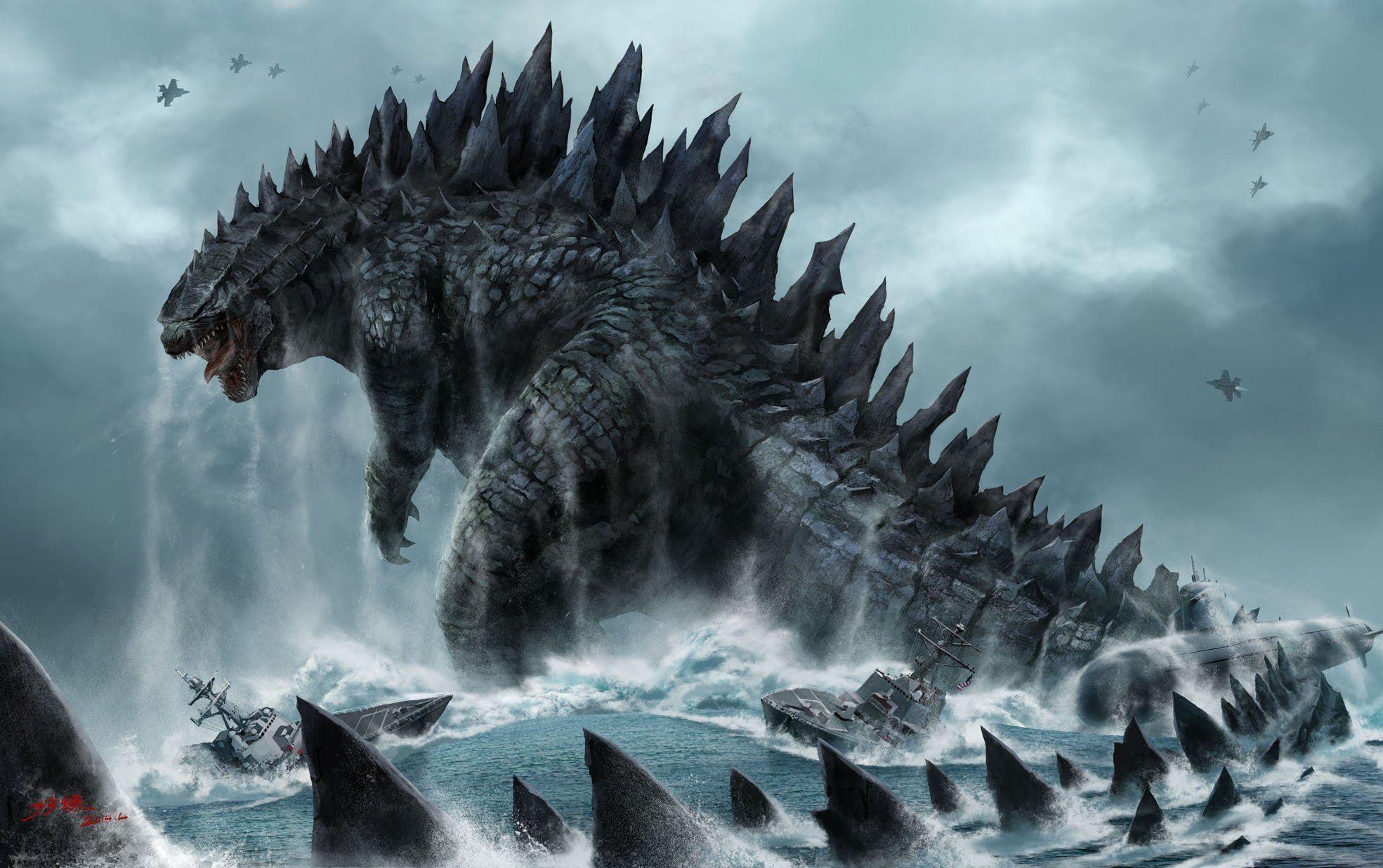 Godzilla emerging from ocean, Navy warships, Fighter jets stormy sky Godzilla emerging from ocean, Navy warships, Fighter jets stormy sky — 1969×1237 HD wallpaper
