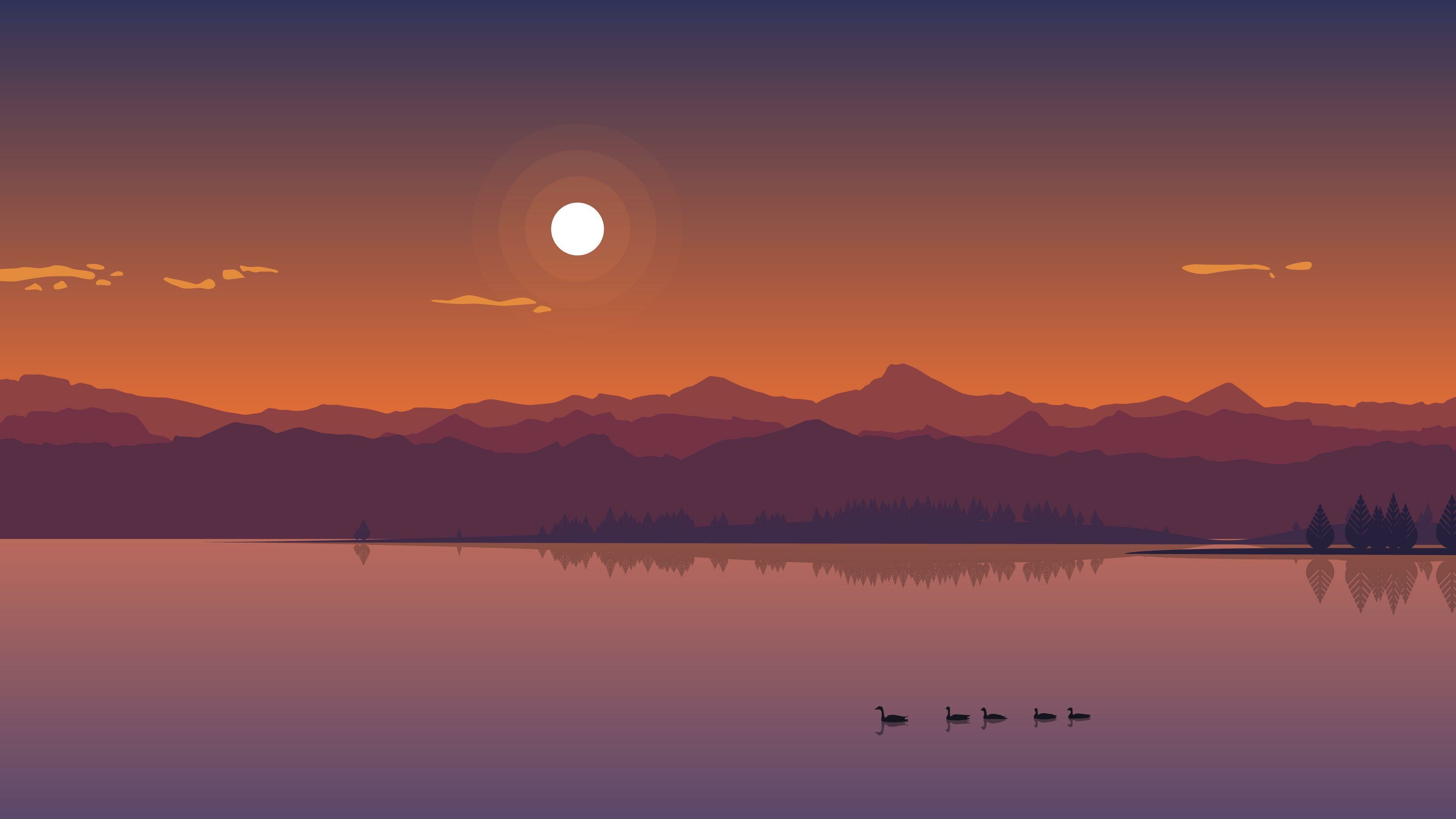 Minimalist flat sunset illustration, Mountain range silhouette, Geese swimming lake — 3840×2160 HD wallpaper