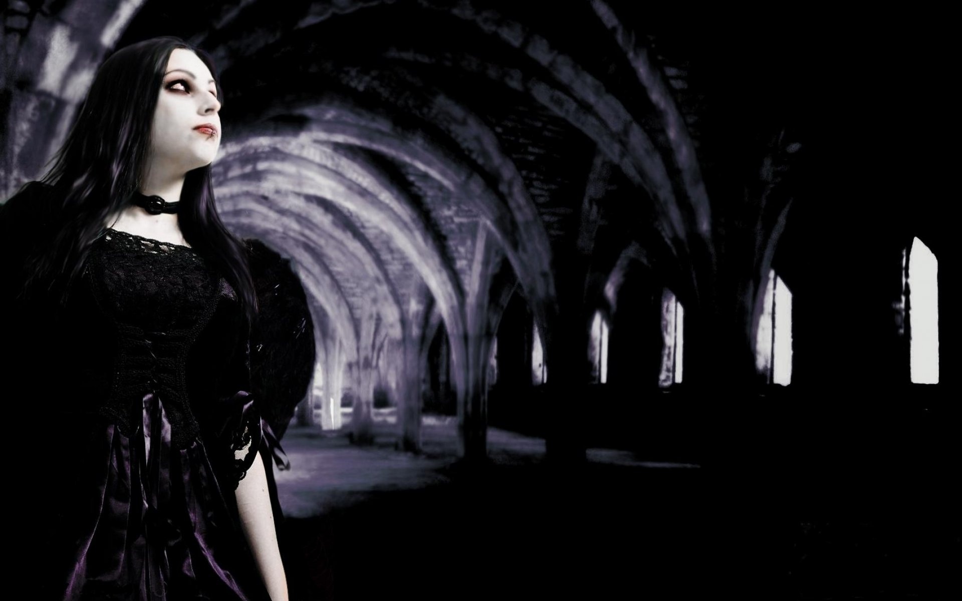 Gothic woman black dress, Vaulted stone crypt, Black choker collar Gothic woman black dress, Vaulted stone crypt, Black choker collar — 1920×1200 HD wallpaper