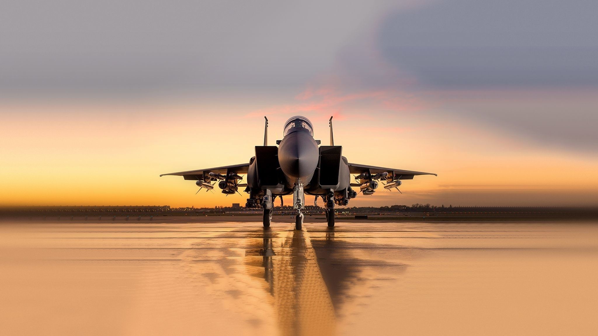 F-15 Eagle, Sunset runway tarmac, Twin tail jet — 2048×1152 HD wallpaper