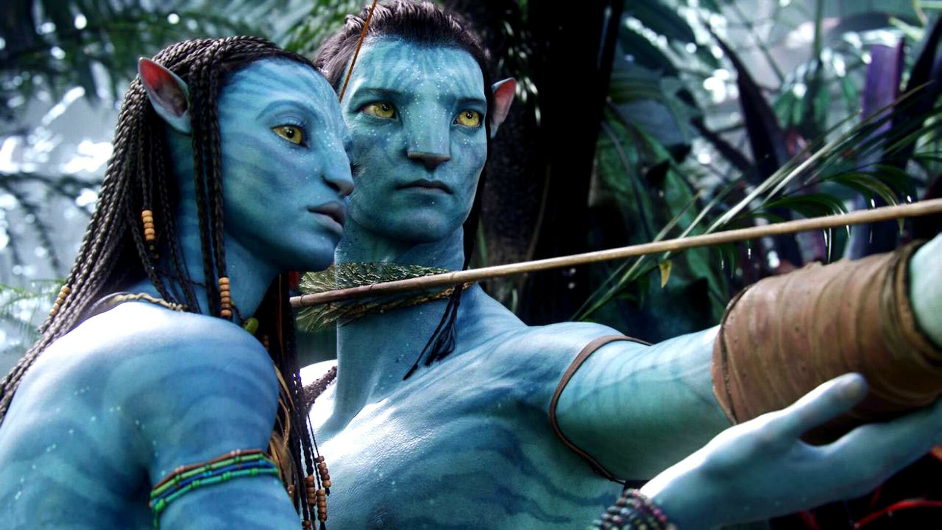 Jake Sully avatar, Neytiri, Na'vi couple, Pandora jungle scene — 1920×1080 HD wallpaper