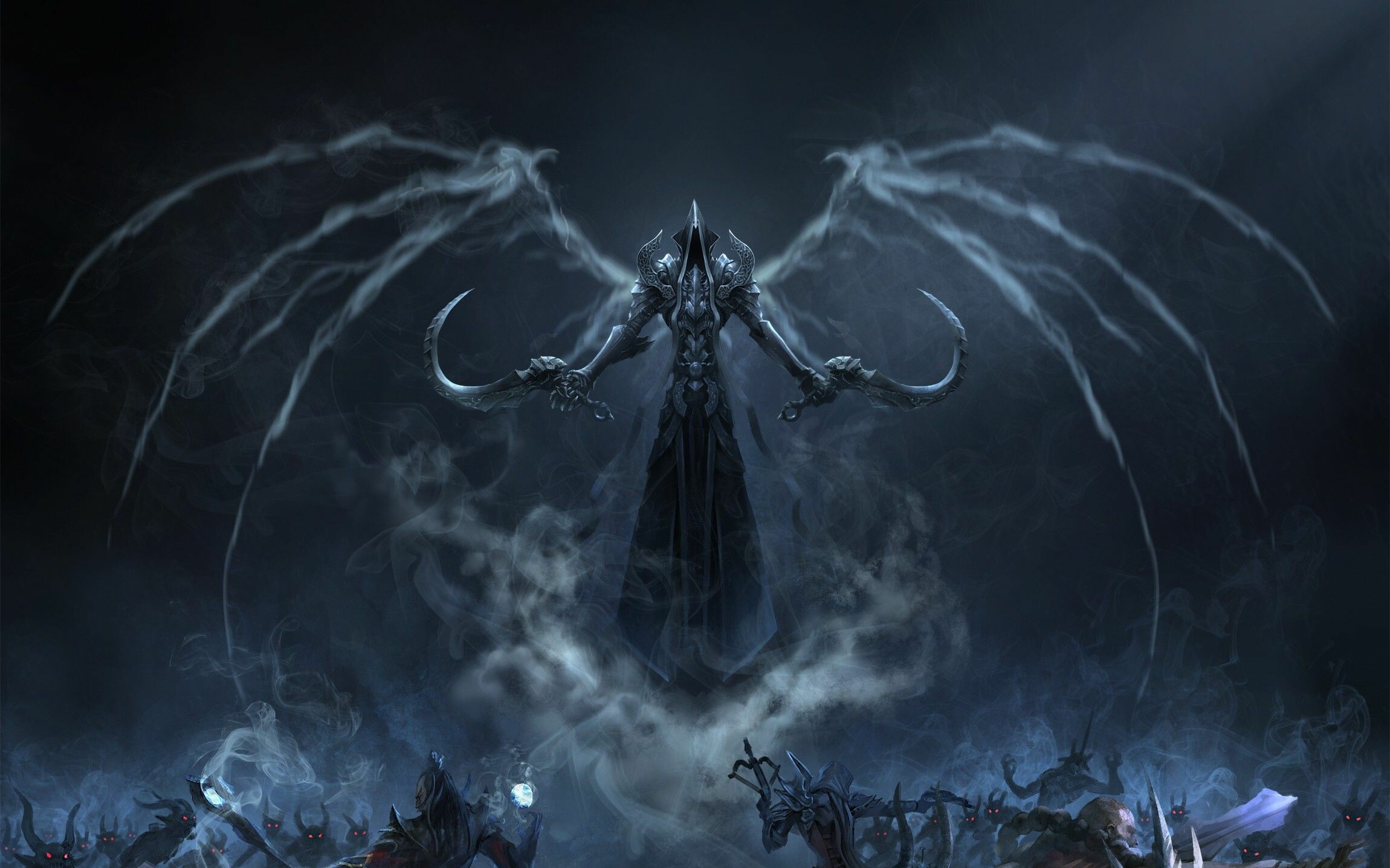 Malthael Reaper of Souls, Skeletal wings scythes, Demon horde below Malthael Reaper of Souls, Skeletal wings scythes, Demon horde below — 2300×1437 HD wallpaper