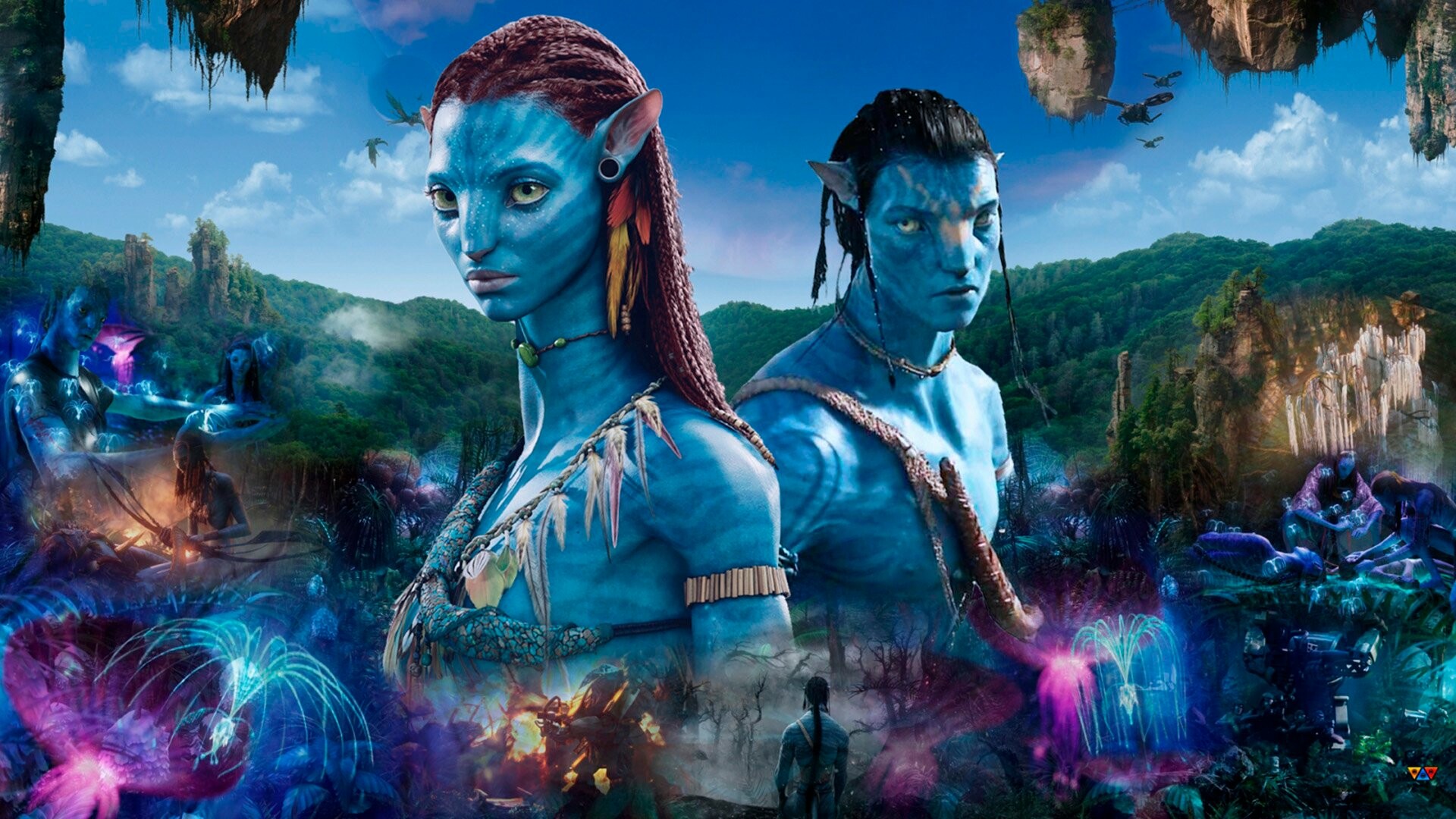 Neytiri, Jake Sully, Pandora bioluminescent jungle, Floating Hallelujah mountains — 1920×1080 HD wallpaper