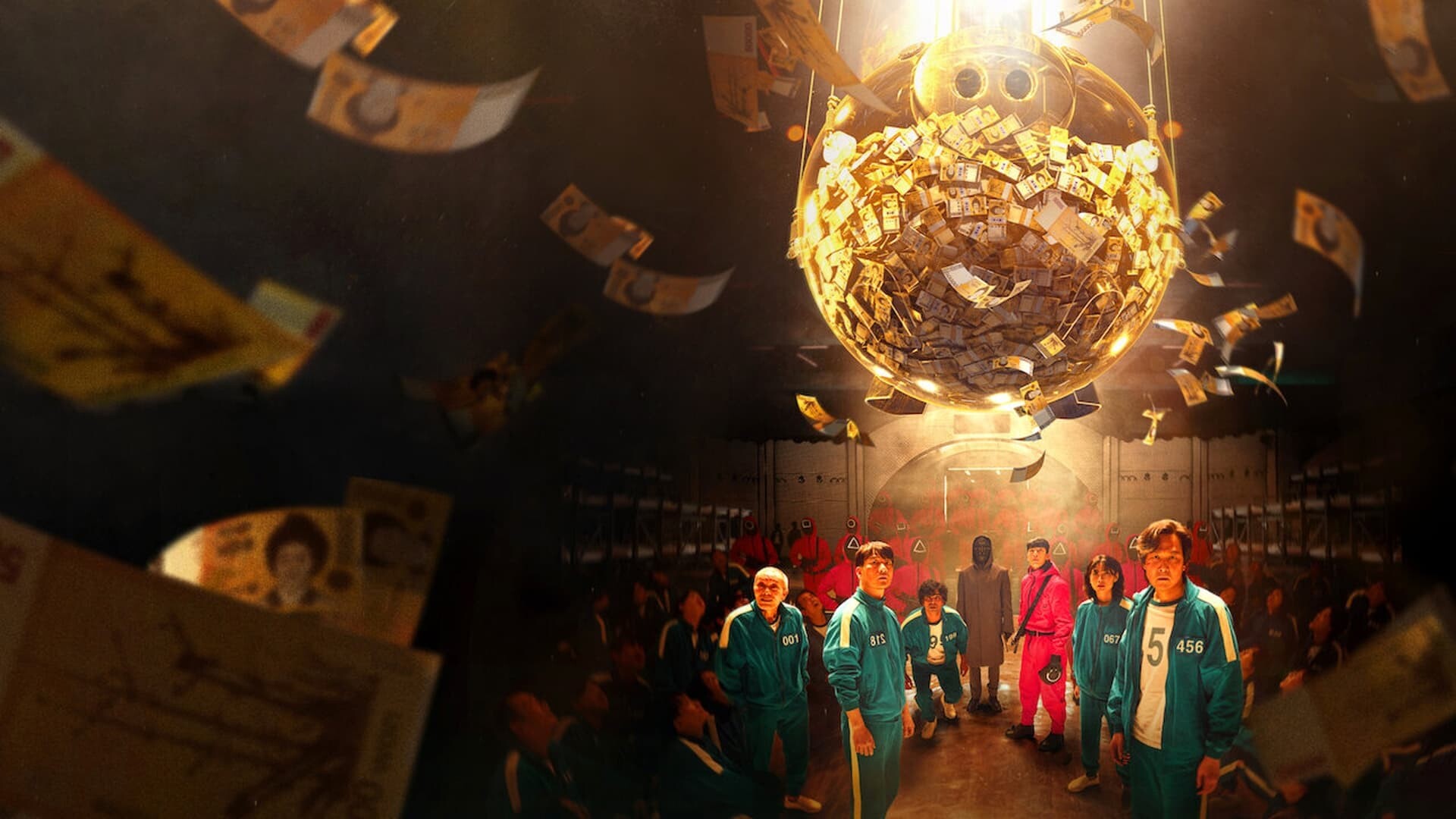 Seong Gi-hun player 456, Golden piggy bank prize, Green tracksuit players, Falling cash bundles Seong Gi-hun player 456, Golden piggy bank prize, Green tracksuit players, Falling cash bundles — 1920×1080 HD wallpaper
