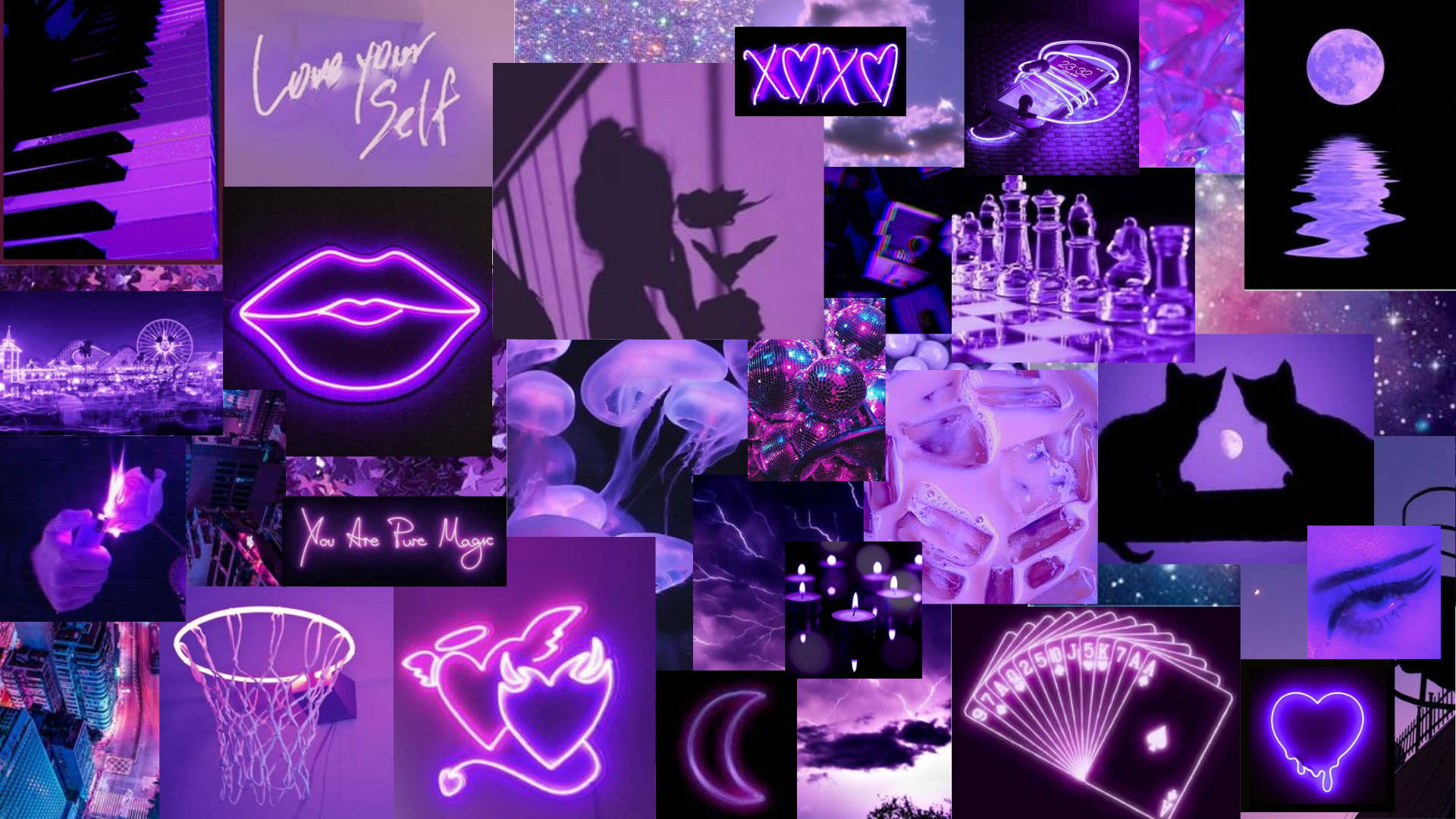 Love Yourself neon, Purple collage, Neon lips heart, Jellyfish and moon — 1920×1080 HD wallpaper