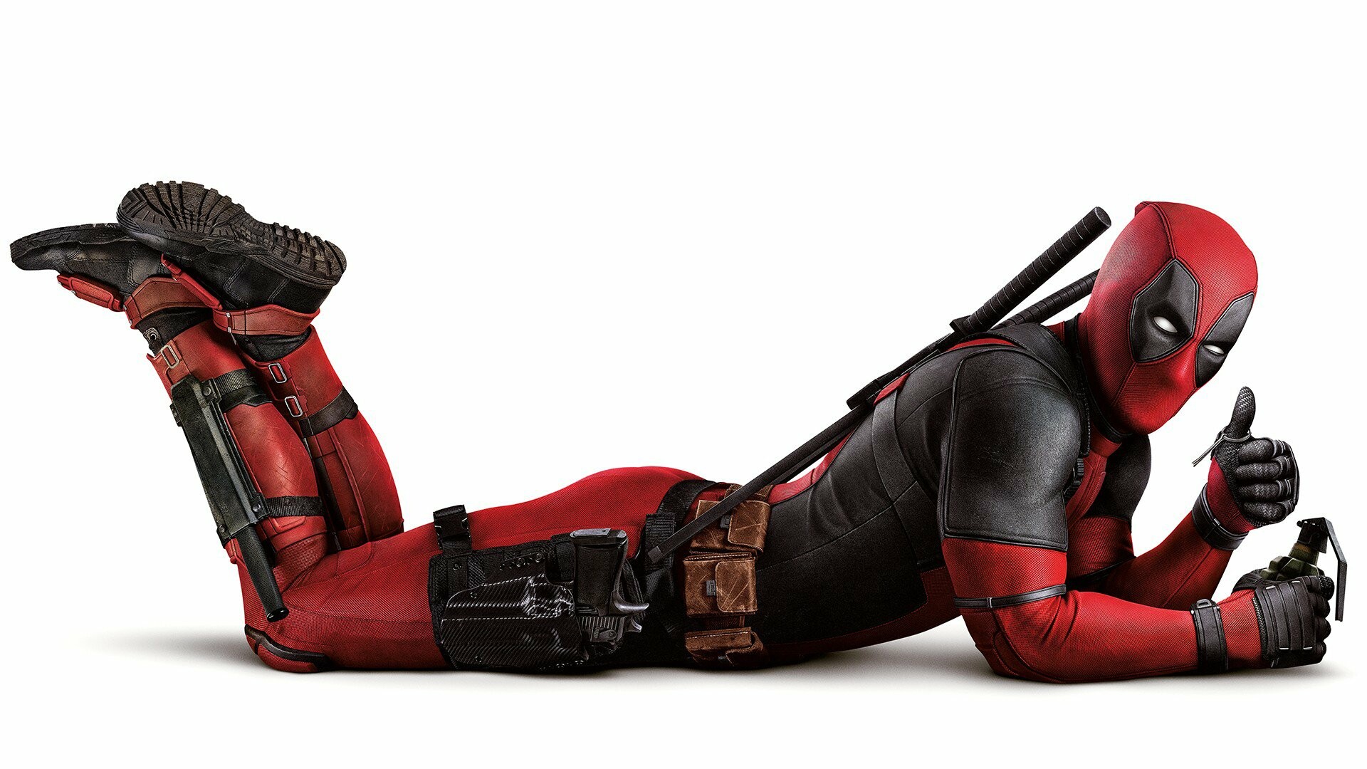Deadpool reclining thumbs-up, Holding hand grenade, Crossed boots up Deadpool reclining thumbs-up, Holding hand grenade, Crossed boots up — 1920×1080 HD wallpaper