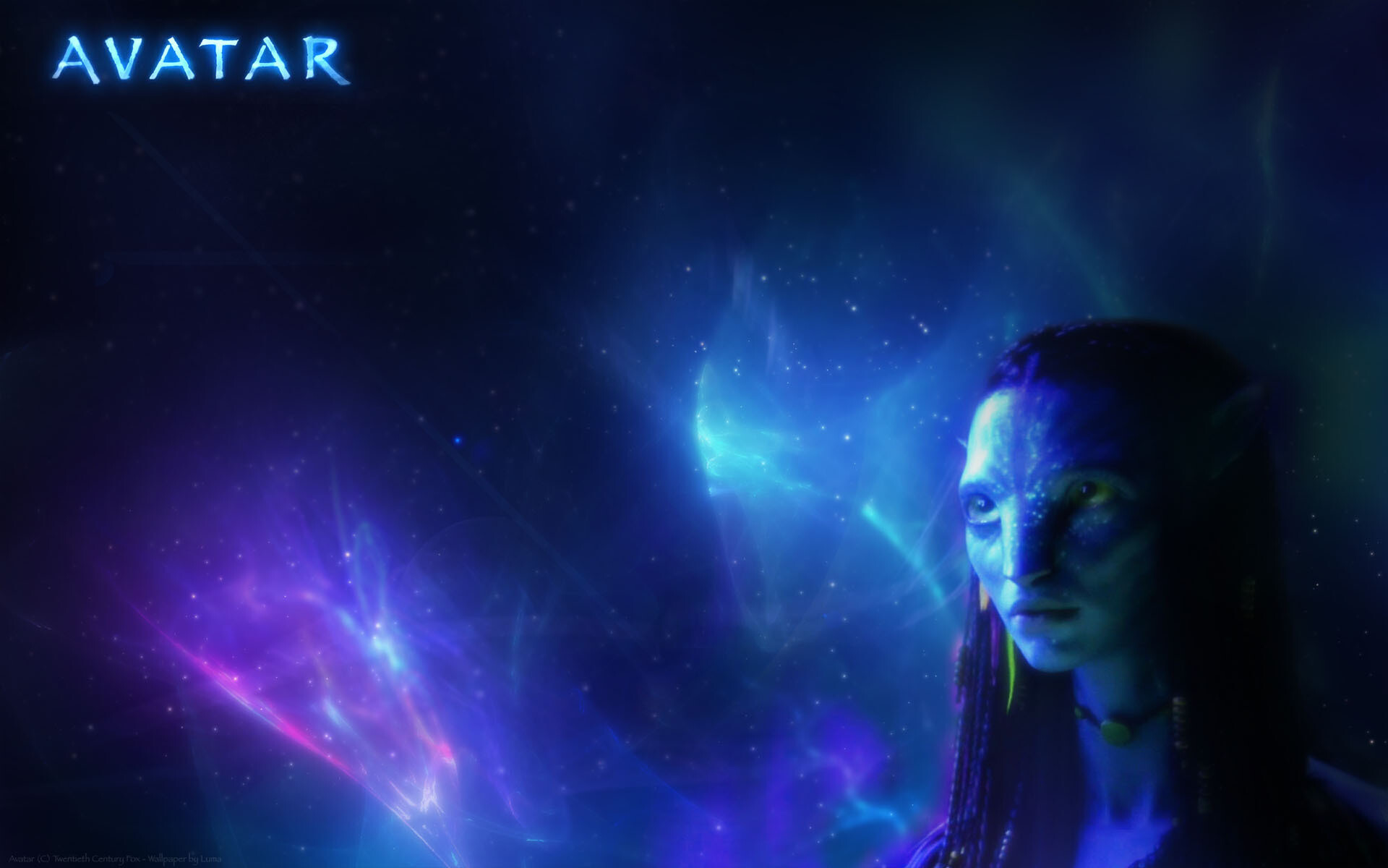 Neytiri face, Avatar title logo, Cosmic nebula, Blue purple space — 1920×1200 HD wallpaper