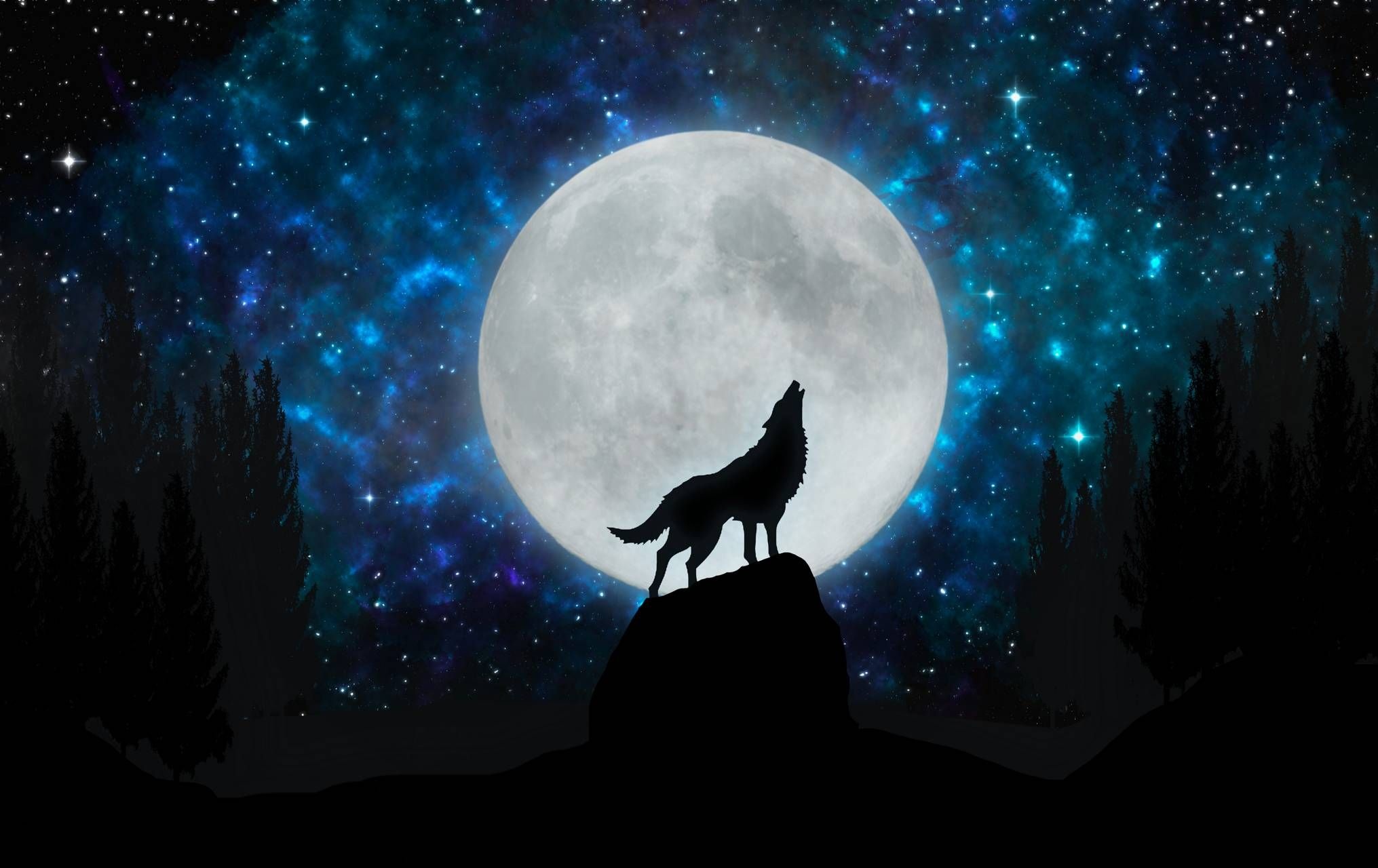 Howling wolf silhouette, Full moon, Starry night sky Howling wolf silhouette, Full moon, Starry night sky — 2031×1280 HD wallpaper