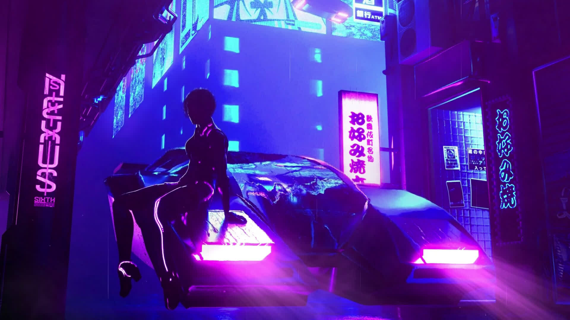 Figure sitting on sports car, Neon cyberpunk alley, Purple blue glow Figure sitting on sports car, Neon cyberpunk alley, Purple blue glow — 1920×1080 HD wallpaper