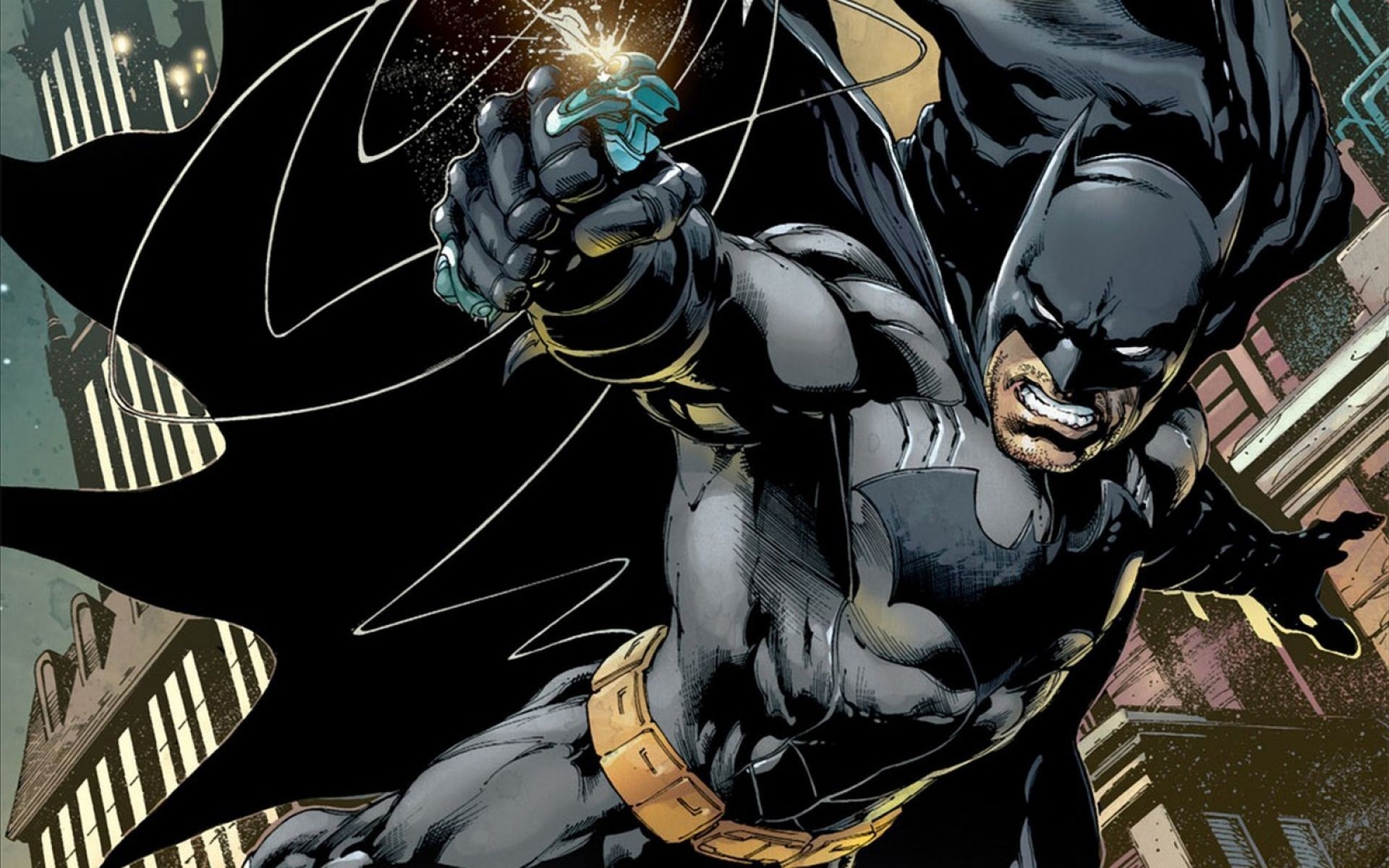 Batman leaping in action, Throwing gadget, Gotham city backdrop — 1920×1200 HD wallpaper