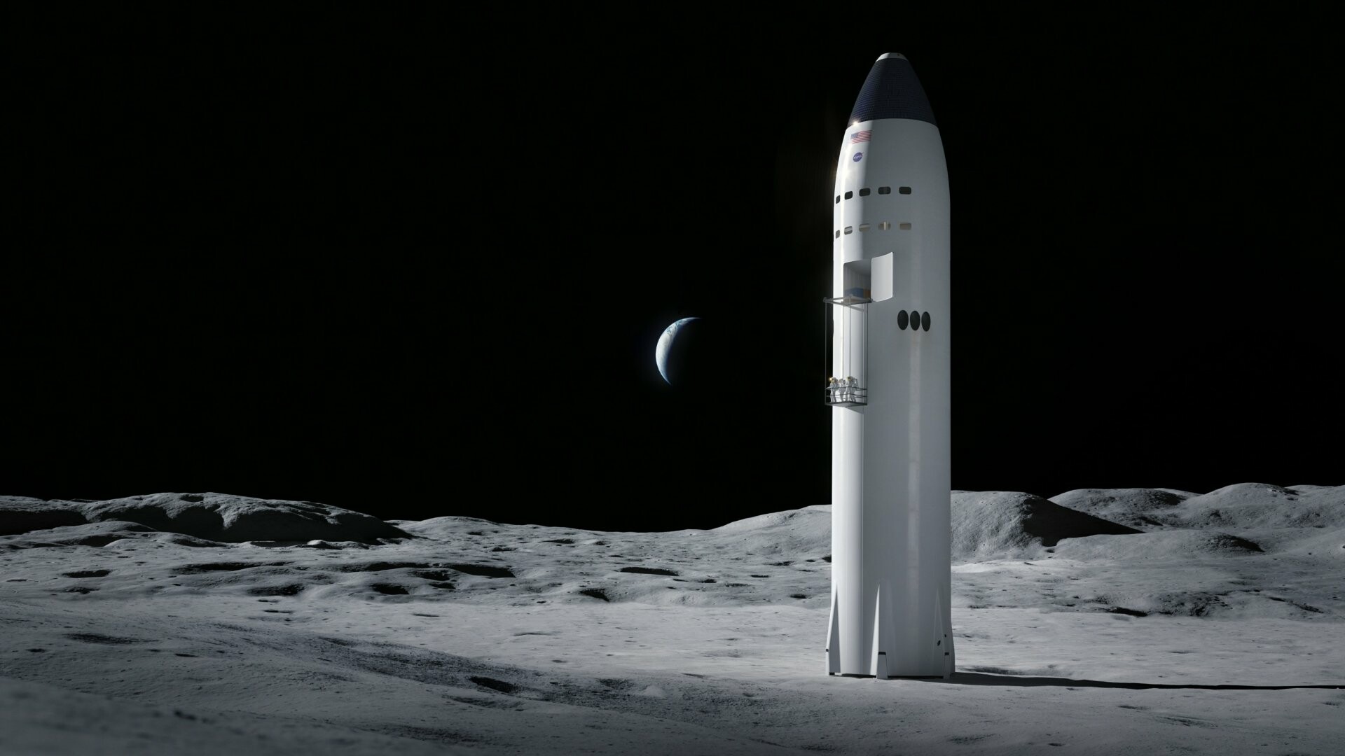 SpaceX Starship, Lunar surface, Crescent Earth SpaceX Starship, Lunar surface, Crescent Earth — 1920×1080 HD wallpaper