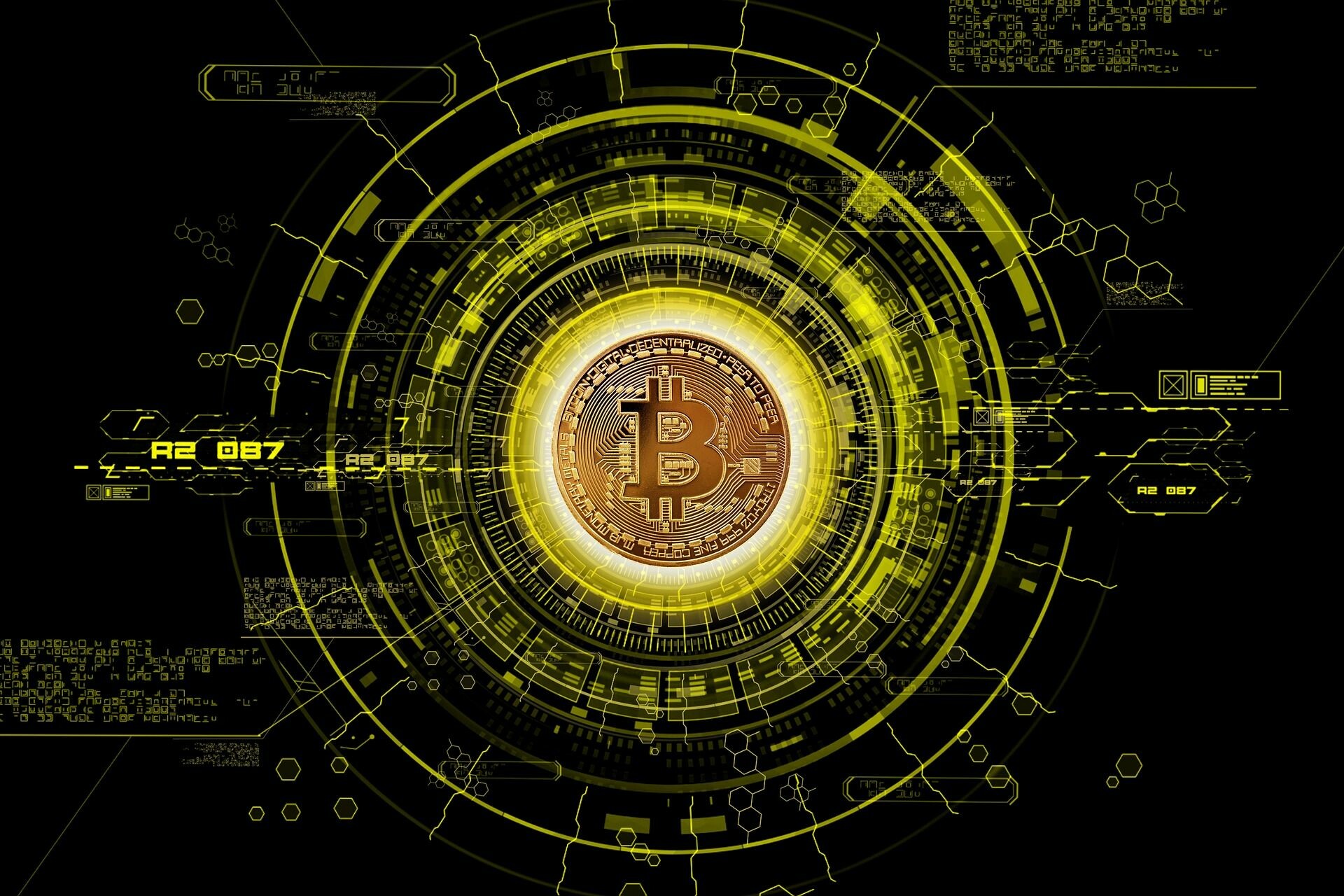 Bitcoin coin logo, Futuristic HUD circles, Yellow hexagon grid Bitcoin coin logo, Futuristic HUD circles, Yellow hexagon grid — 1920×1280 HD wallpaper