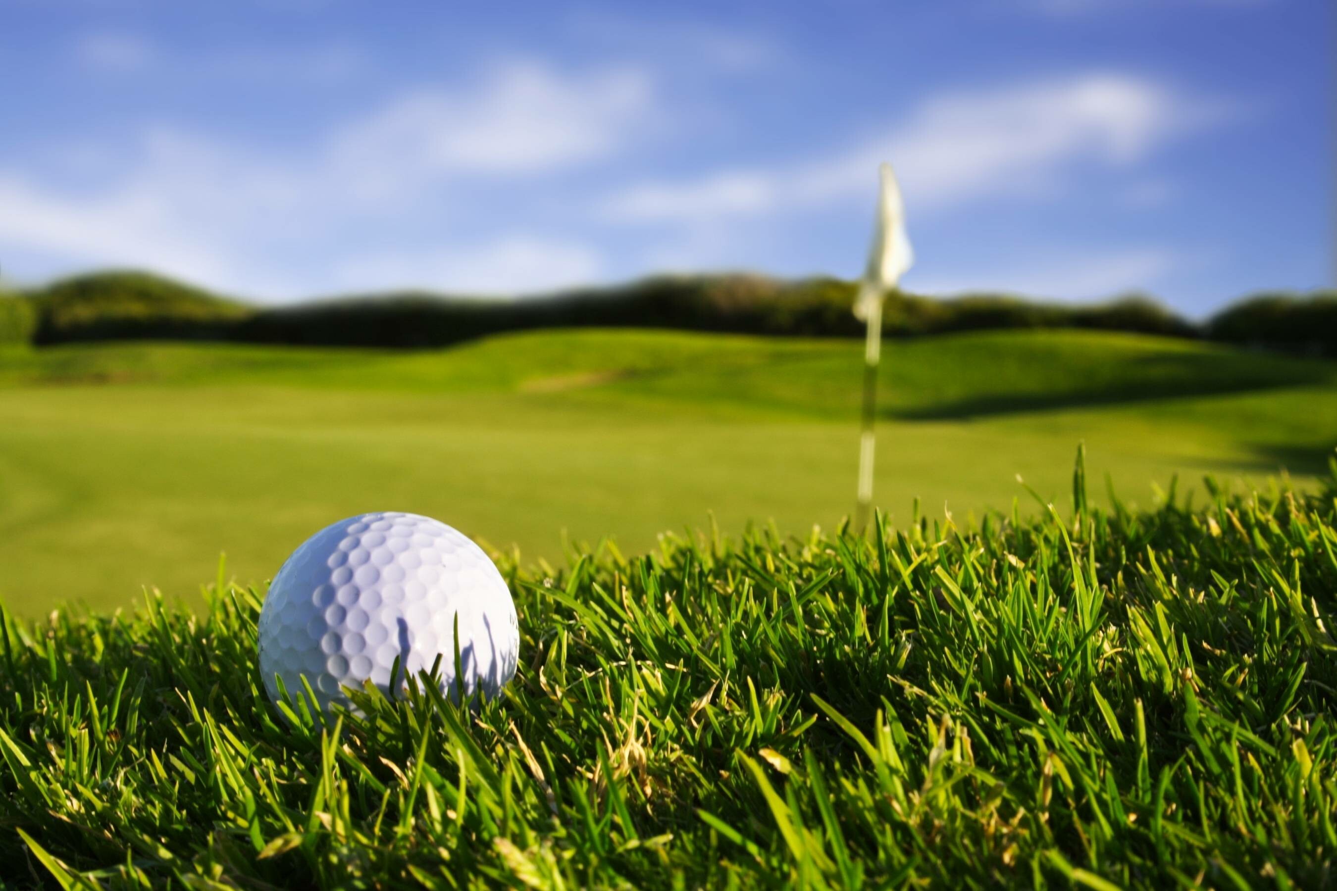 White dimpled golf ball, White pin flag, Fairway grass close-up White dimpled golf ball, White pin flag, Fairway grass close-up — 2700×1800 HD wallpaper