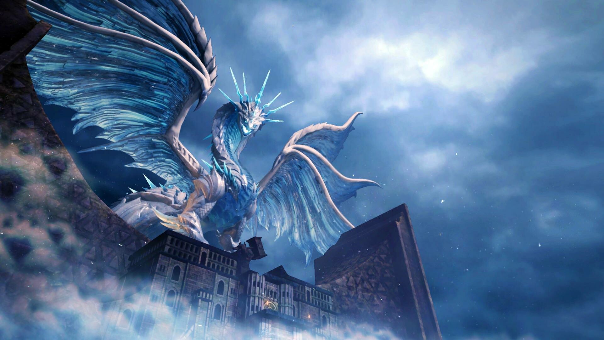 Crystalline ice dragon, Flying above night castle, Moonlit blue clouds Crystalline ice dragon, Flying above night castle, Moonlit blue clouds — 1920×1080 HD wallpaper
