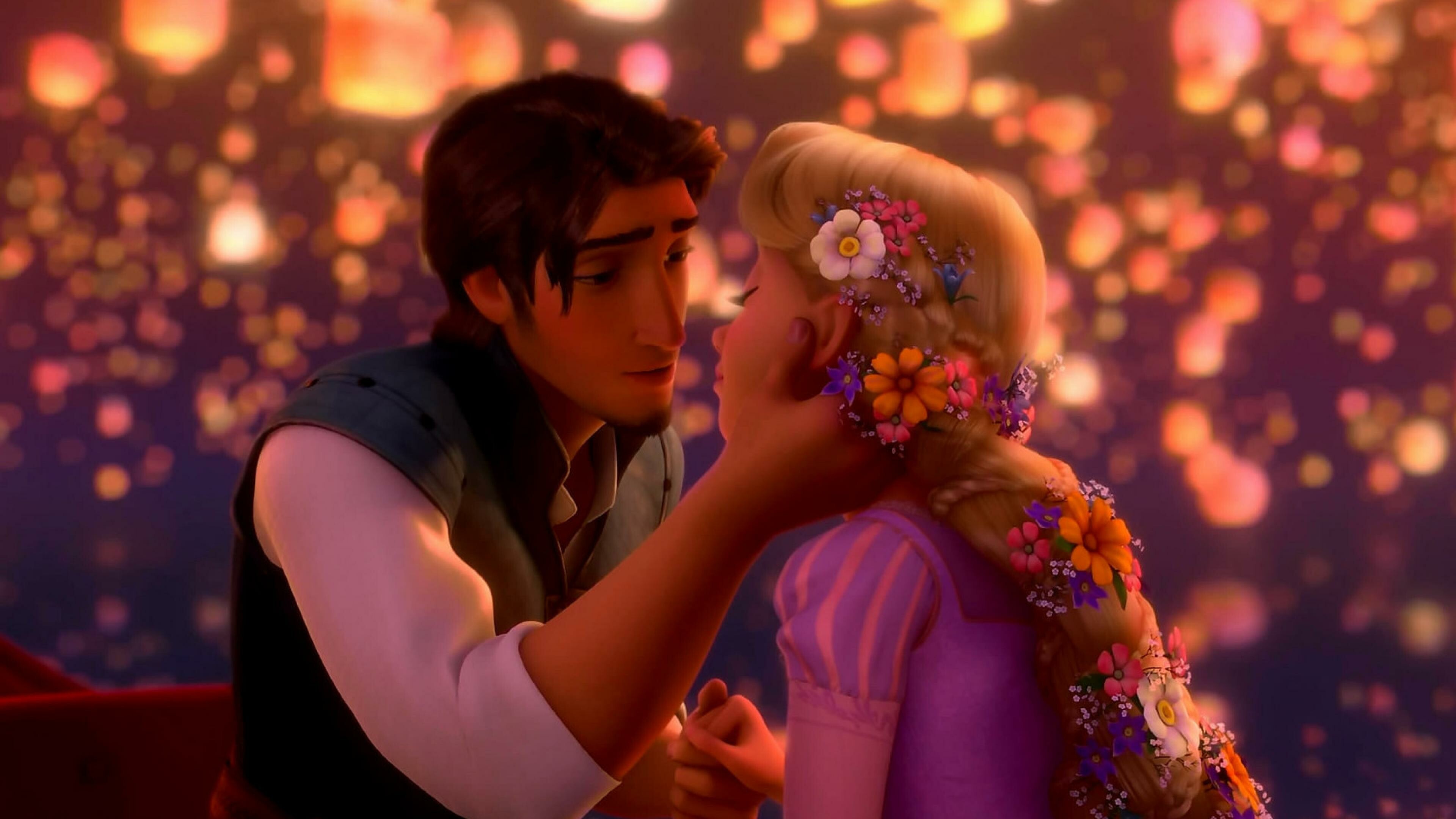 Rapunzel, Flynn Rider, Floating lanterns, Near-kiss moment Rapunzel, Flynn Rider, Floating lanterns, Near-kiss moment — 3840×2160 HD wallpaper