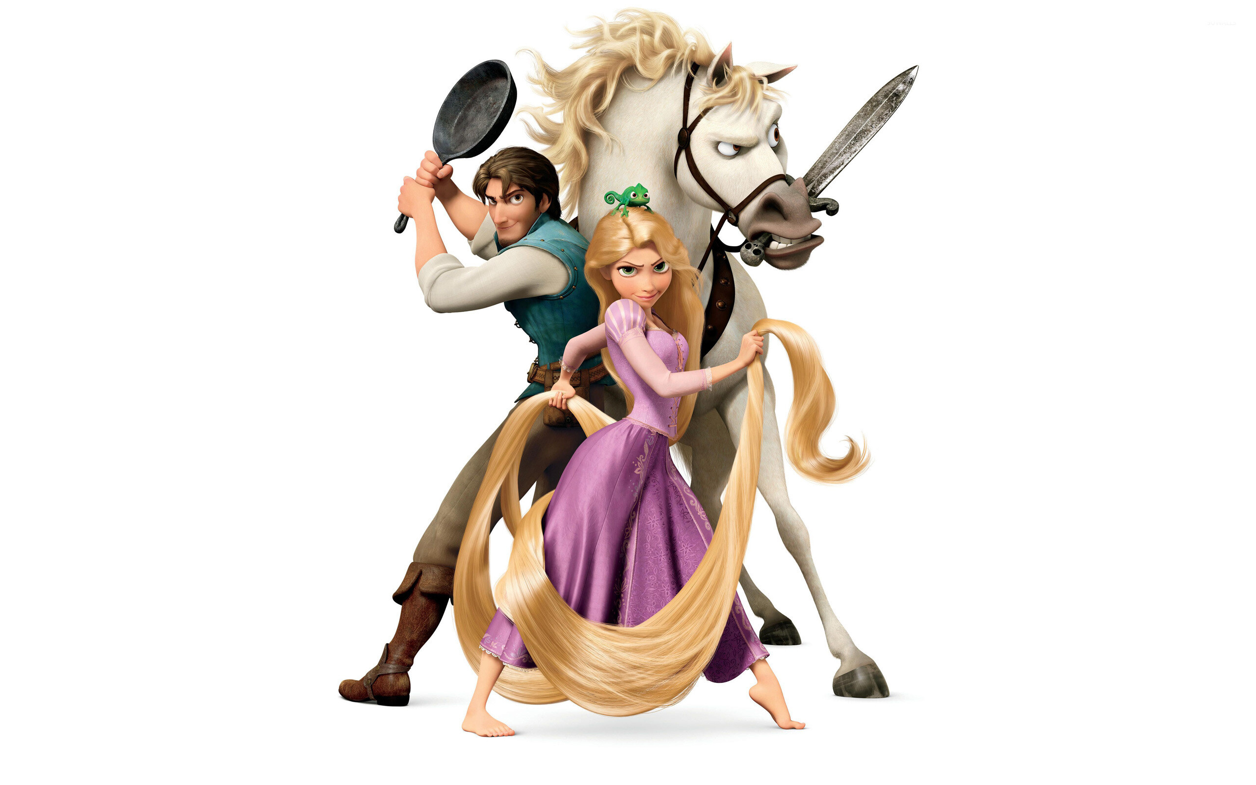 Rapunzel, Flynn Rider, Maximus horse, Frying pan Rapunzel, Flynn Rider, Maximus horse, Frying pan — 2560×1600 HD wallpaper
