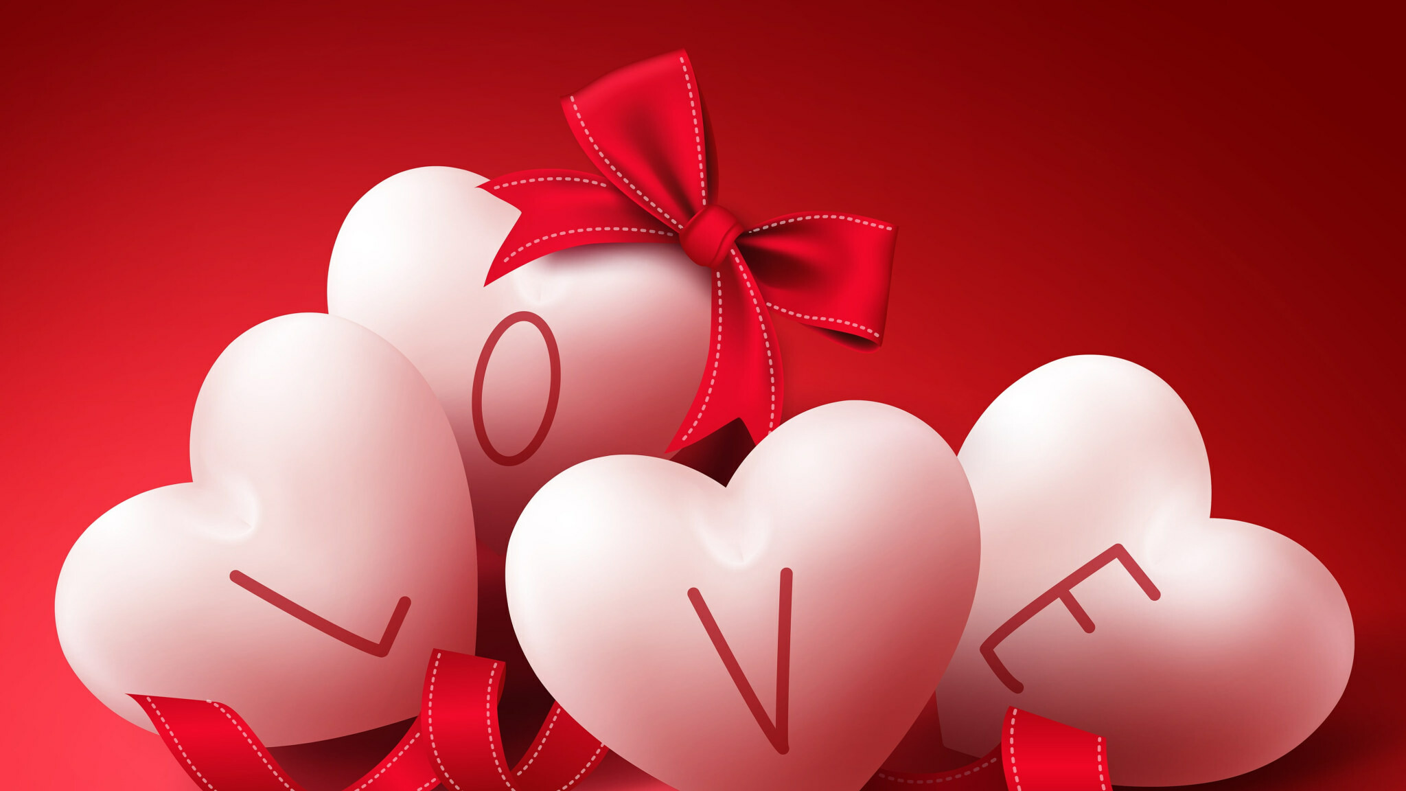 LOVE letter hearts, Red stitched ribbon bow, White heart cushions LOVE letter hearts, Red stitched ribbon bow, White heart cushions — 2048×1152 HD wallpaper