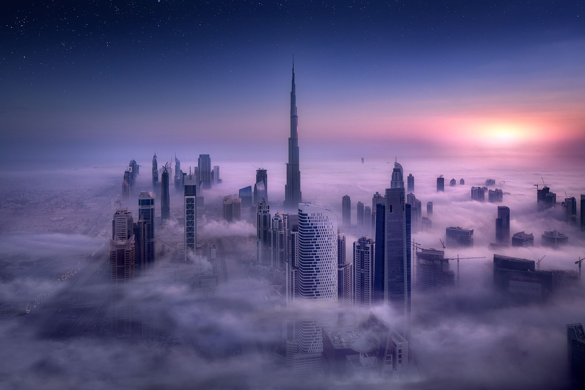 Burj Khalifa fog, Skyscrapers above clouds, Sunrise starry sky Burj Khalifa fog, Skyscrapers above clouds, Sunrise starry sky — 1920×1280 HD wallpaper