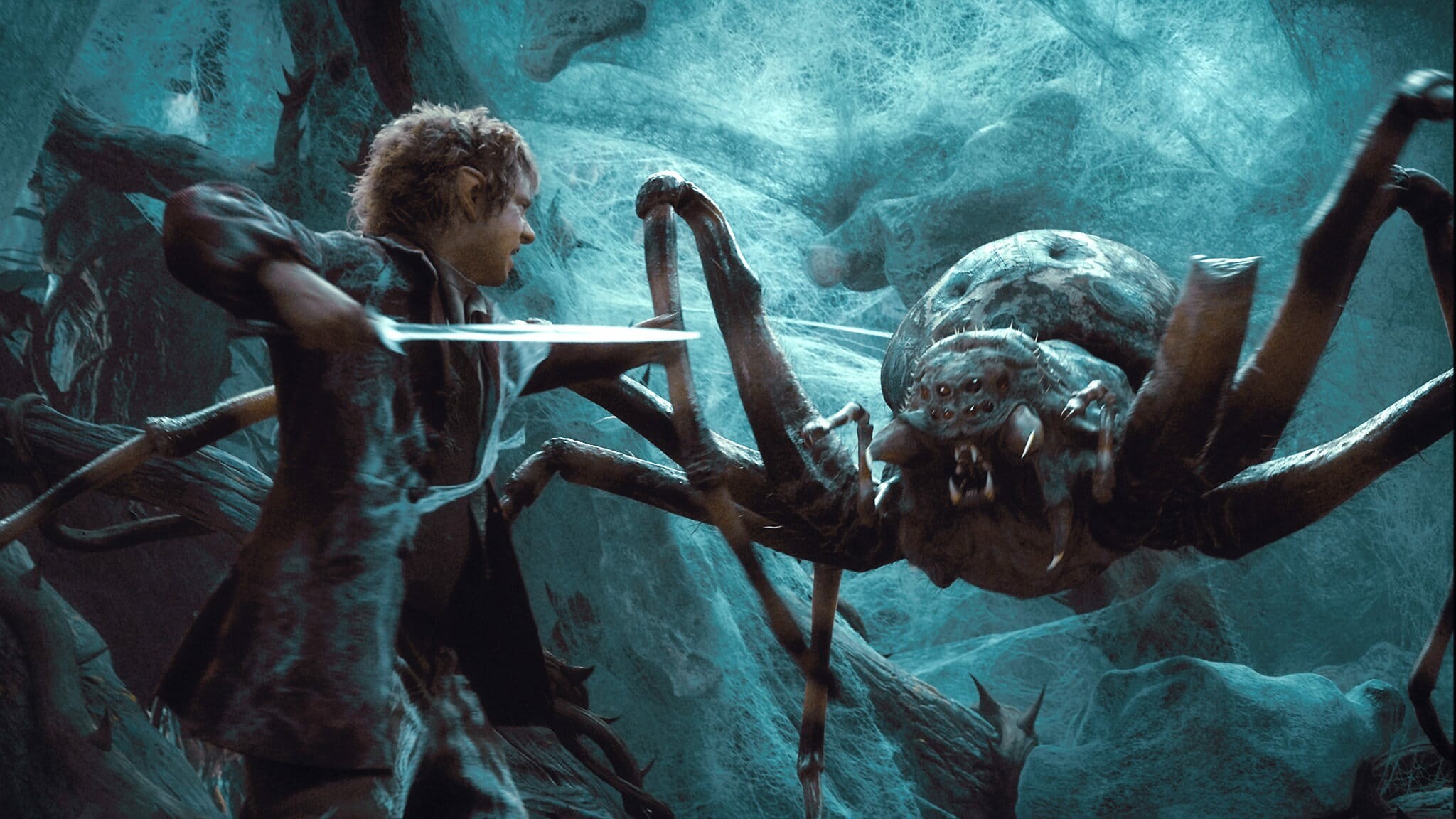 Bilbo Baggins with Sting, Mirkwood giant spider, Cobweb forest lair Bilbo Baggins with Sting, Mirkwood giant spider, Cobweb forest lair — 2048×1152 HD wallpaper