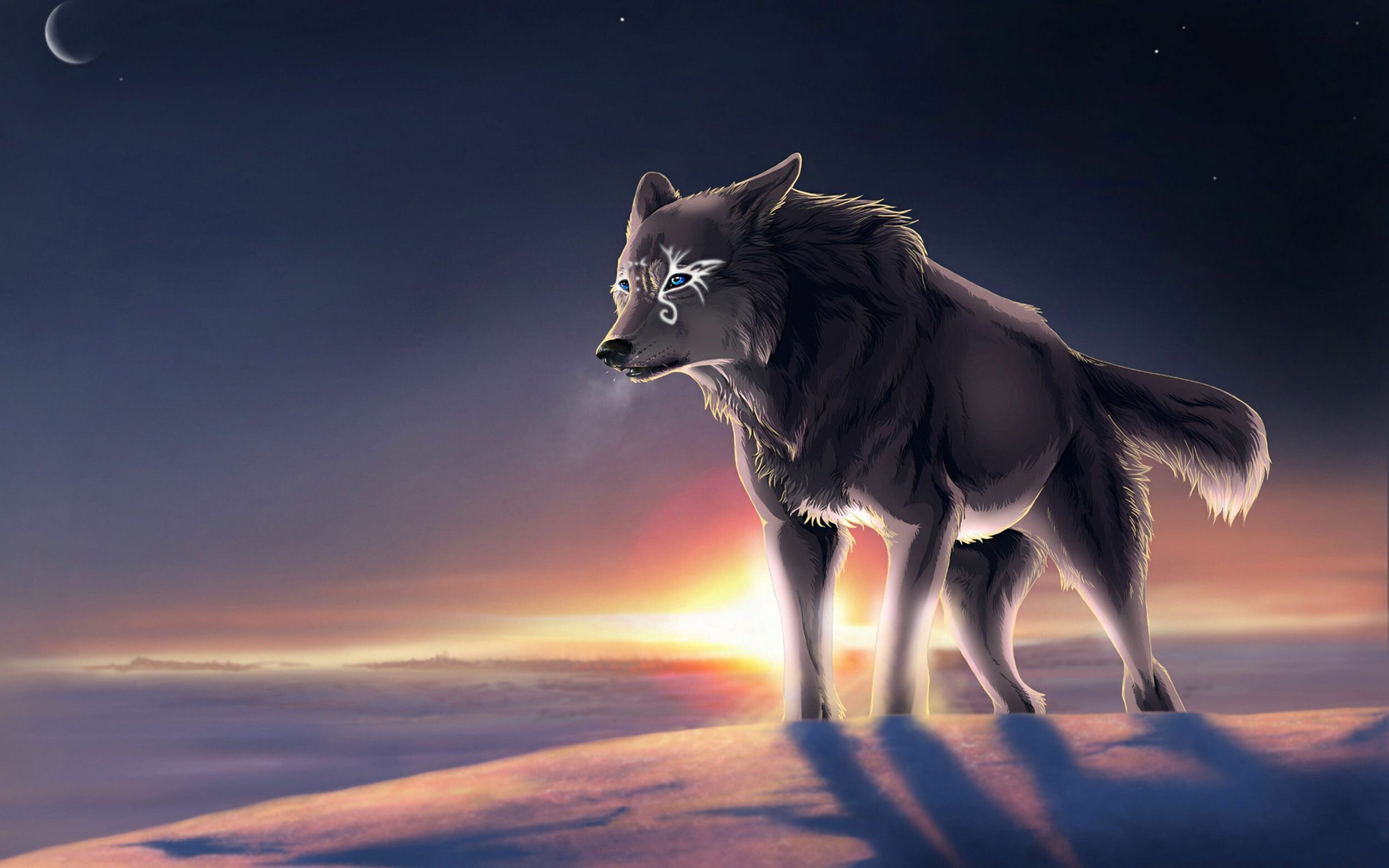 Marked-forehead fantasy wolf, Snowy ridge sunset, Crescent moon night sky Marked-forehead fantasy wolf, Snowy ridge sunset, Crescent moon night sky — 2500×1563 HD wallpaper