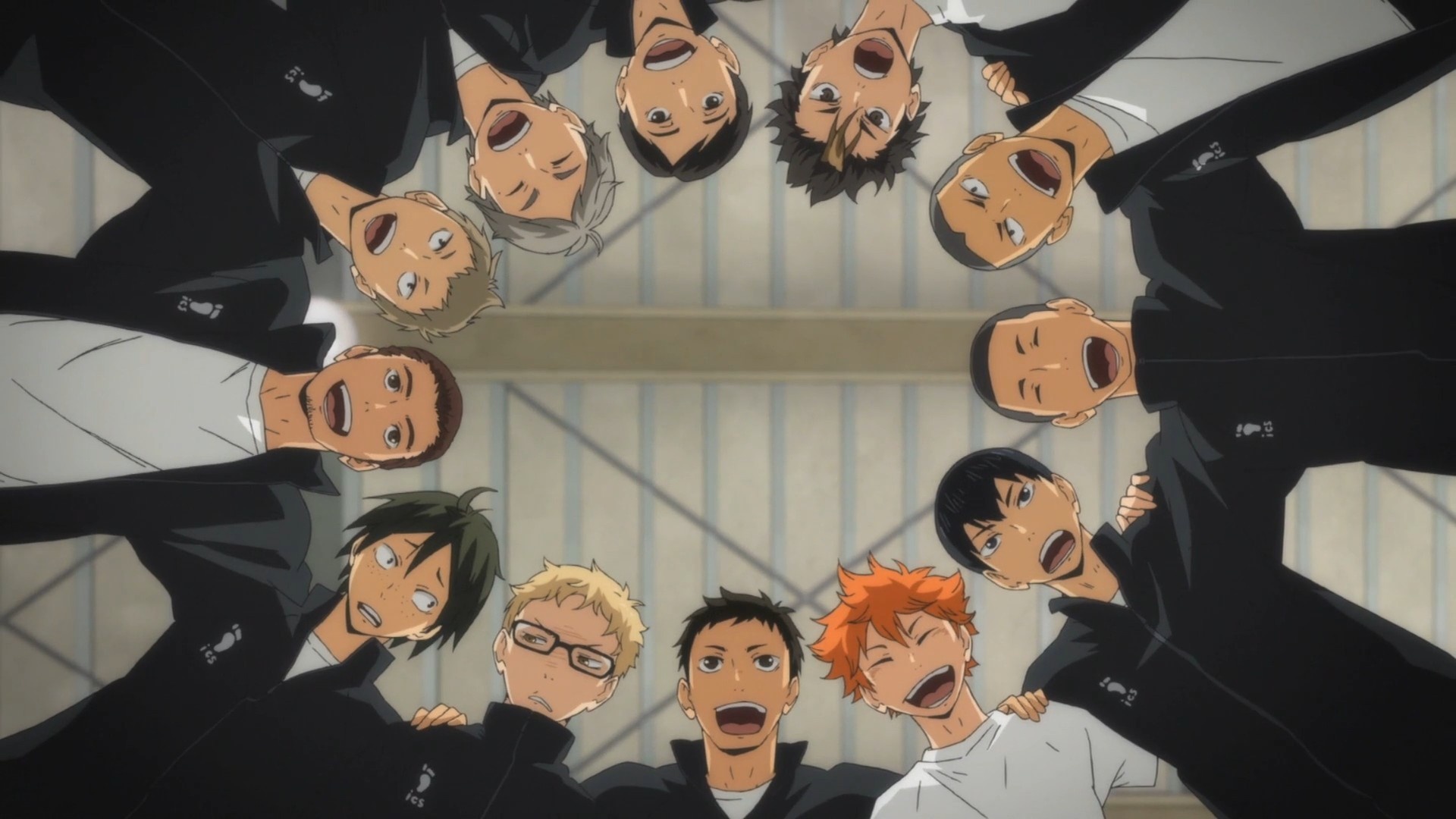 Karasuno team huddle, Hinata Shoyo, Tsukishima Kei, Cheer circle Karasuno team huddle, Hinata Shoyo, Tsukishima Kei, Cheer circle — 1920×1080 HD wallpaper