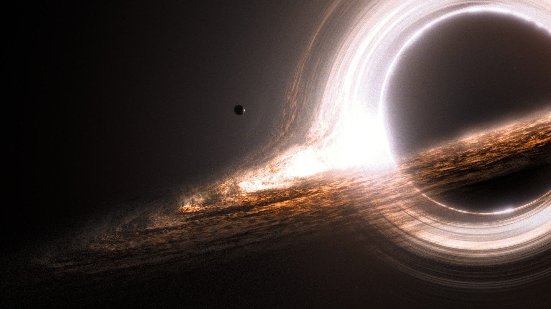 Gargantua event horizon, Orange accretion disk, Orbiting dark planet — 1920×1080 HD wallpaper