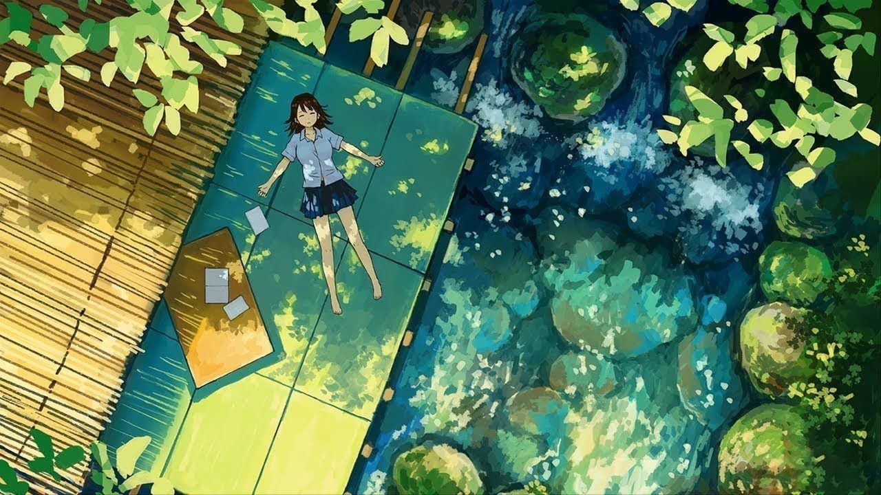 Anime schoolgirl lying down, Mossy forest stream, Bamboo wooden deck Anime schoolgirl lying down, Mossy forest stream, Bamboo wooden deck — 1280×720 HD wallpaper