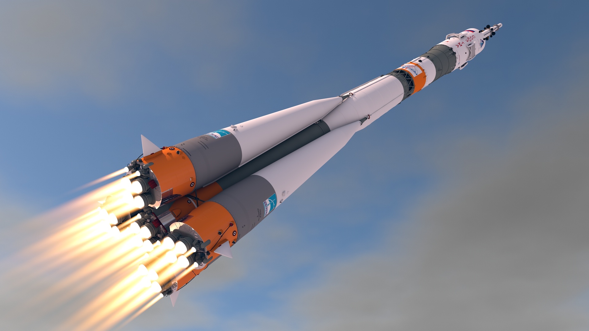 Soyuz rocket launch, Strap-on booster engines firing, Blue sky ascent Soyuz rocket launch, Strap-on booster engines firing, Blue sky ascent — 1920×1080 HD wallpaper