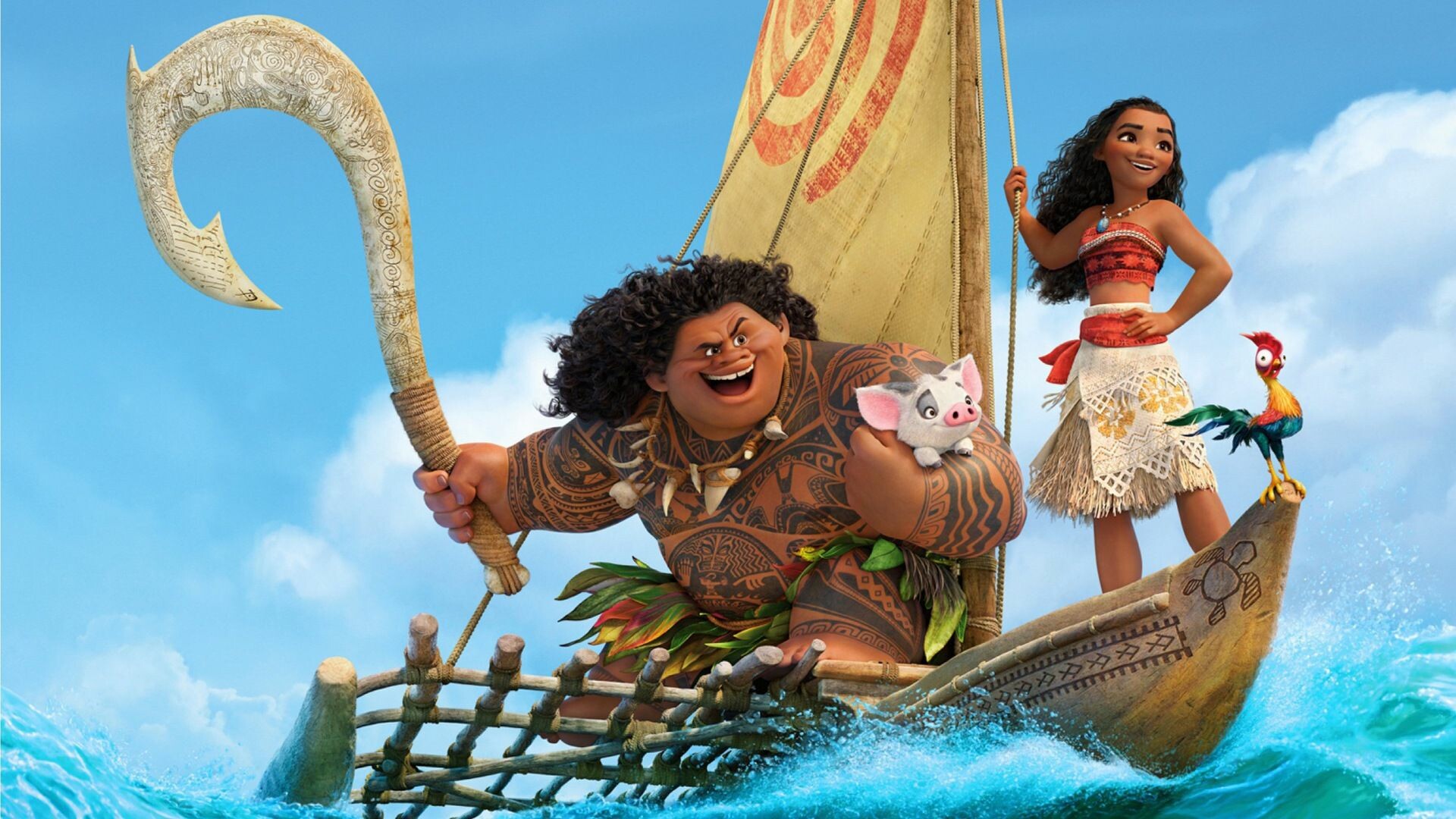 Maui with fish hook, Moana, Pua piglet, Heihei rooster Maui with fish hook, Moana, Pua piglet, Heihei rooster — 1920×1080 HD wallpaper
