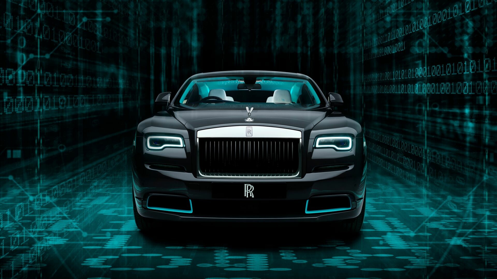 Black Rolls-Royce Wraith Kryptos, Illuminated Pantheon grille, Teal binary-code backdrop Black Rolls-Royce Wraith Kryptos, Illuminated Pantheon grille, Teal binary-code backdrop — 1920×1080 HD wallpaper