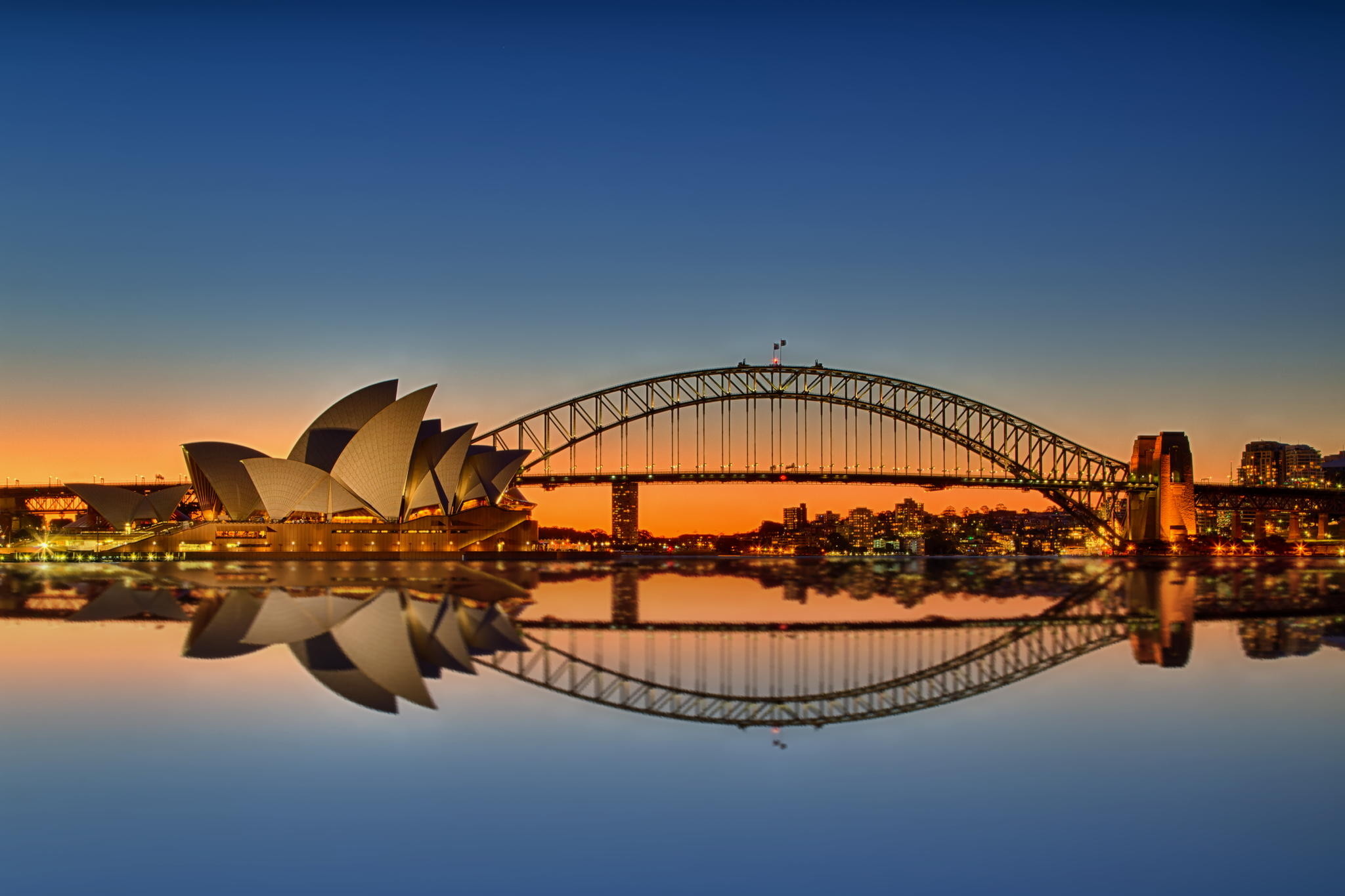 Sydney Opera House, Sydney Harbour Bridge, Sunset harbour reflection — 2048×1365 HD wallpaper