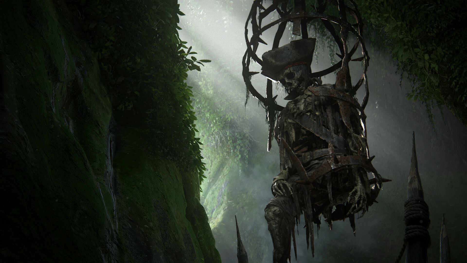 Caged pirate skeleton, Jungle waterfall cliff, Misty light rays Caged pirate skeleton, Jungle waterfall cliff, Misty light rays — 1920×1080 HD wallpaper