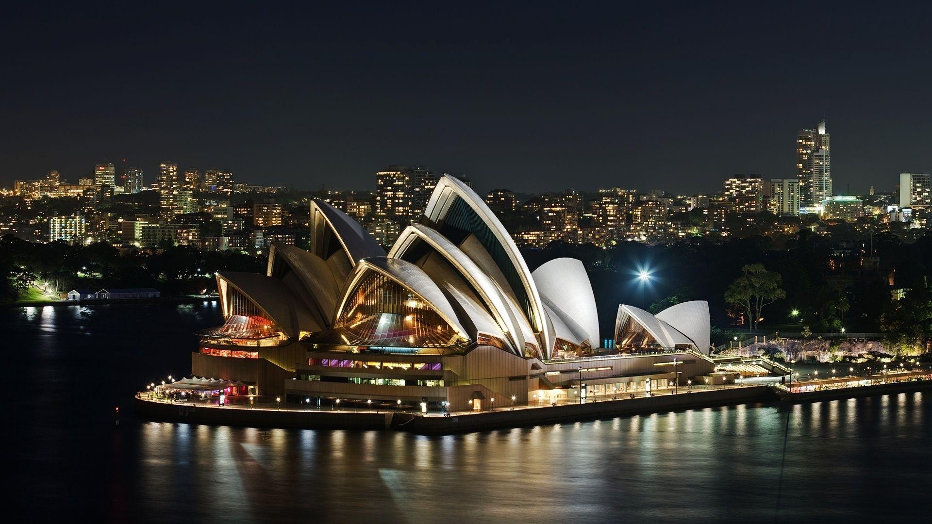 Sydney Opera House, Illuminated night skyline, Harbour waterfront reflections Sydney Opera House, Illuminated night skyline, Harbour waterfront reflections — 1920×1080 HD wallpaper
