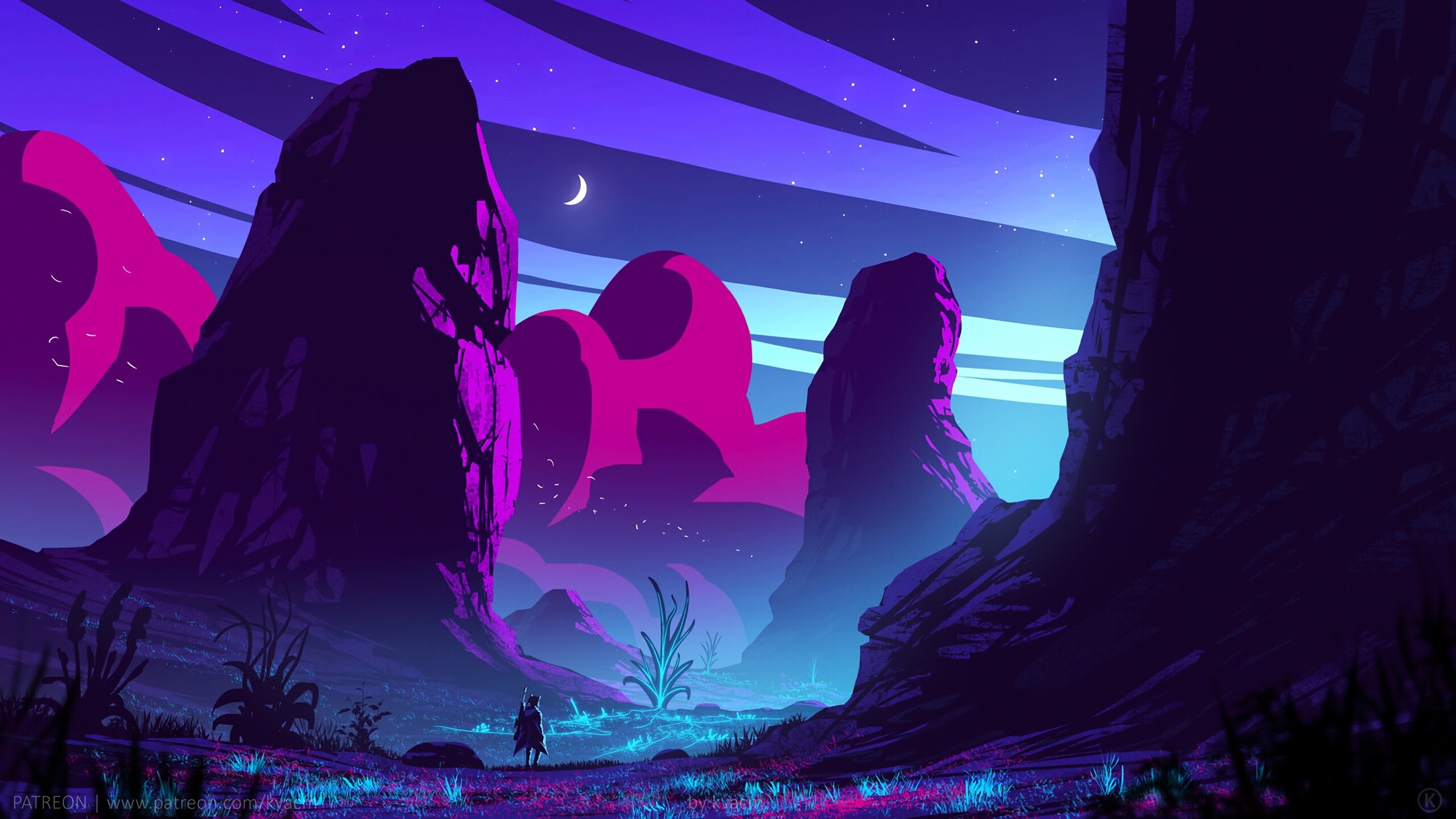 Neon desert canyon, Crescent moon sky, Lone traveler silhouette, Purple magenta glow — 2560×1440 HD wallpaper
