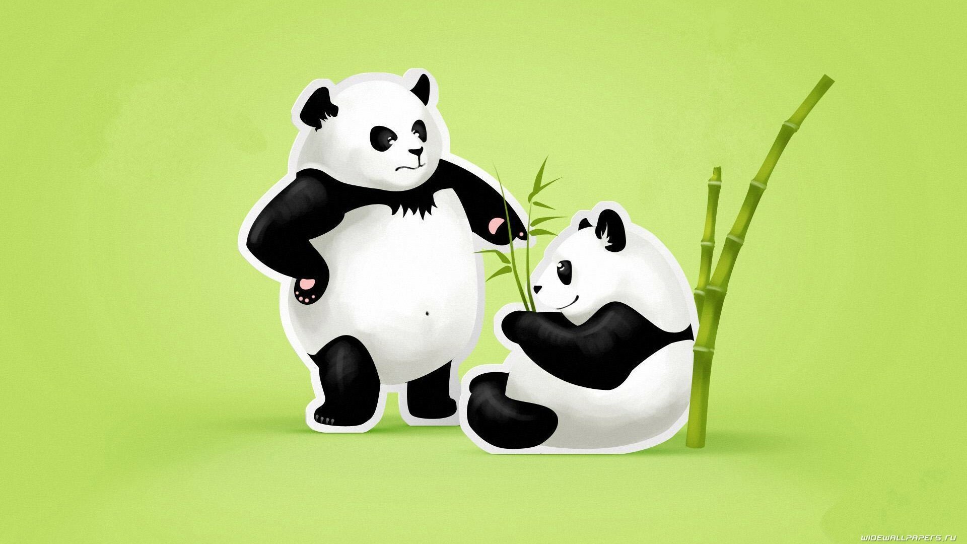 Two cartoon pandas, Bamboo stalks, Green background Two cartoon pandas, Bamboo stalks, Green background — 1920×1080 HD wallpaper