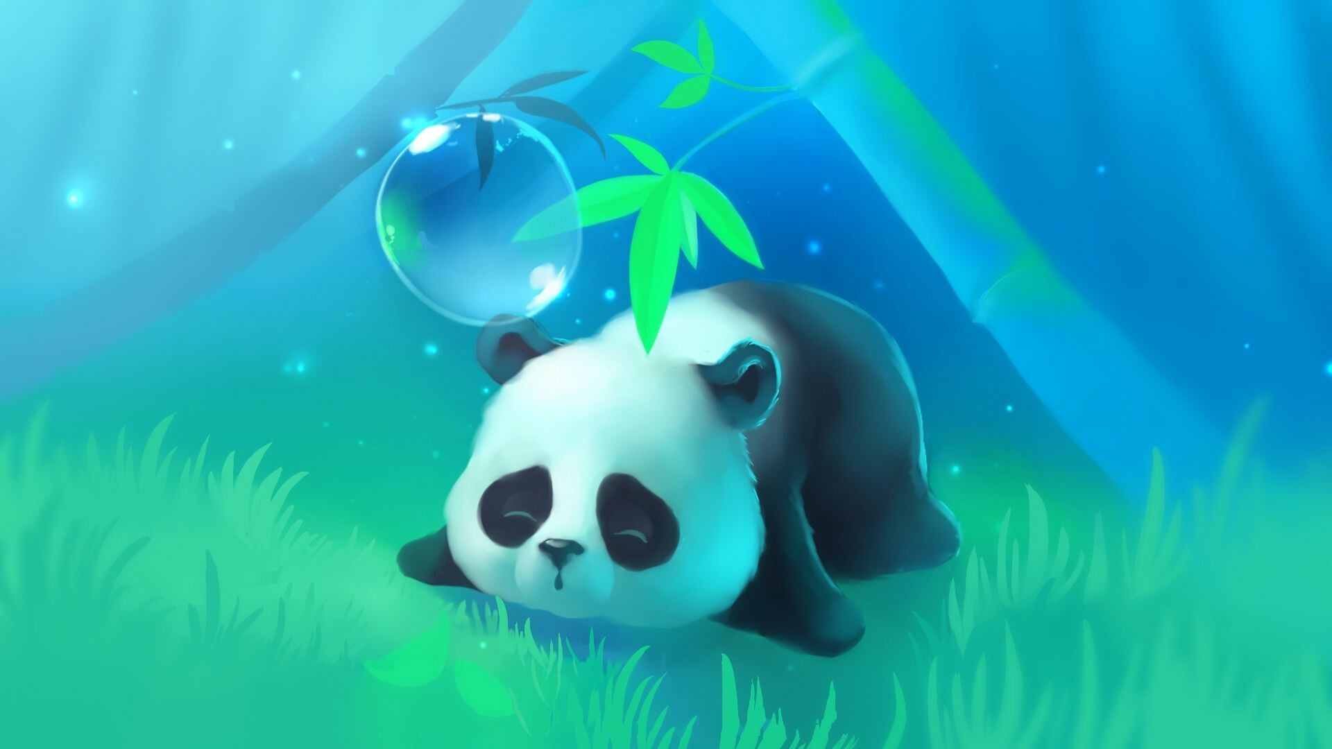 Sleeping panda cub, Bamboo stalks with leaves, Glowing bubble above grass — 1920×1080 HD wallpaper