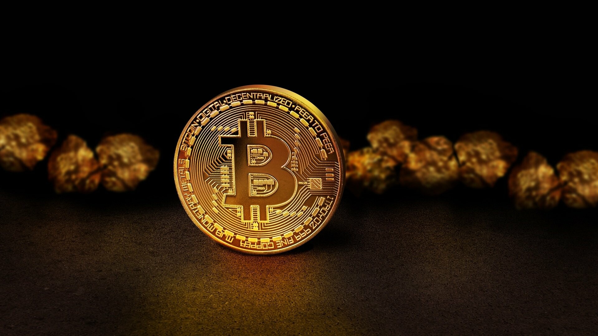 Golden Bitcoin coin, Gold nuggets row, Dark reflective surface Golden Bitcoin coin, Gold nuggets row, Dark reflective surface — 1920×1080 HD wallpaper