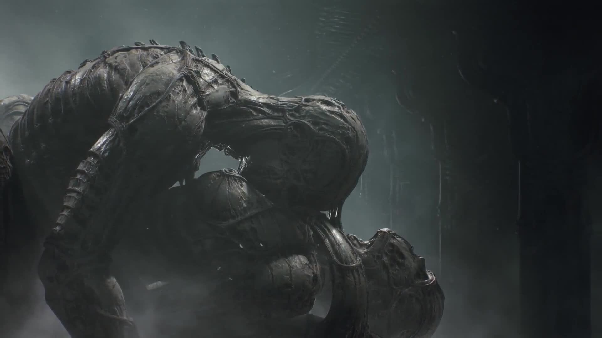Xenomorph biomechanical creature, Giger-style humanoid figure, Dark misty chamber Xenomorph biomechanical creature, Giger-style humanoid figure, Dark misty chamber — 1920×1080 HD wallpaper
