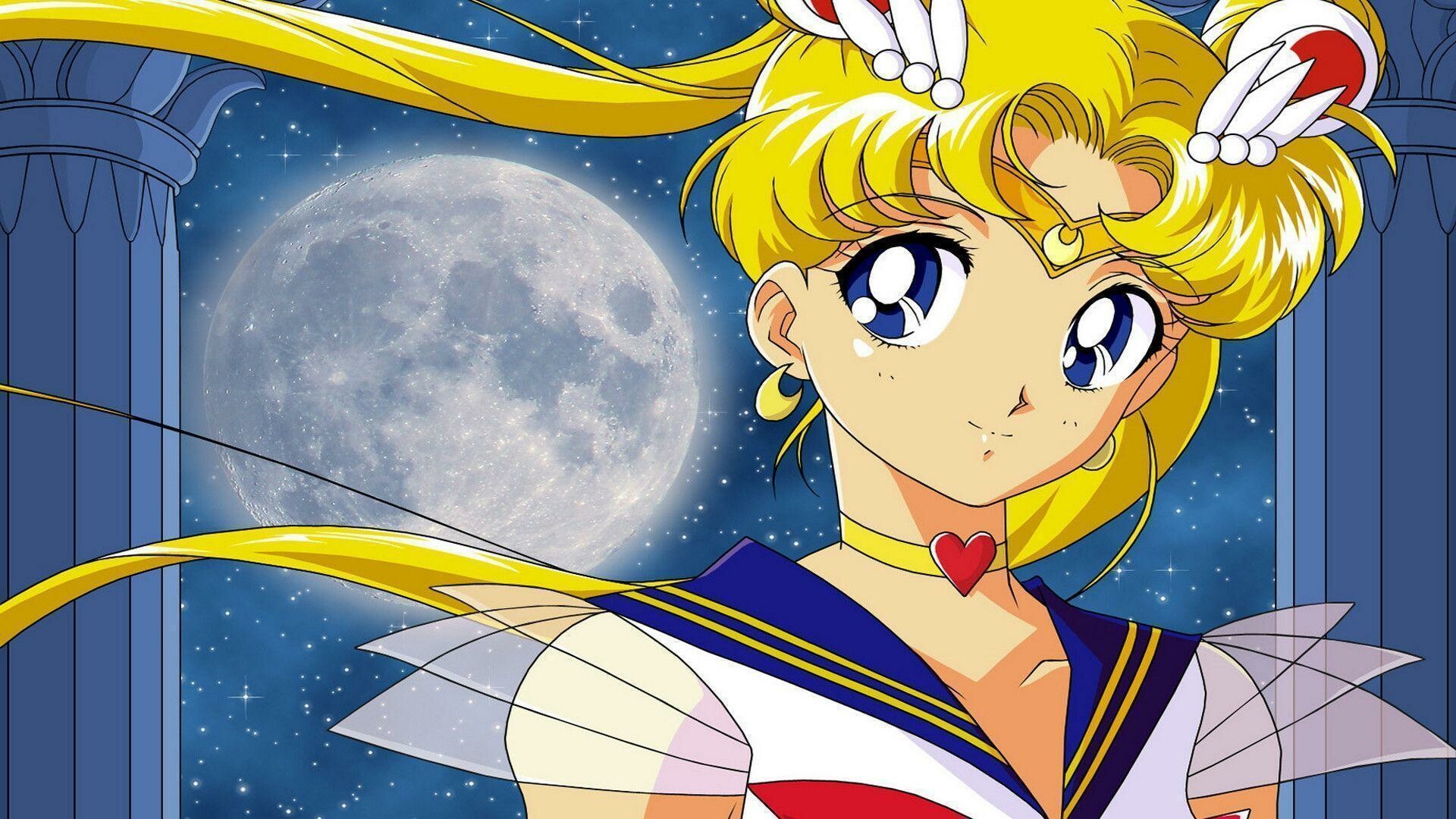 Sailor Moon Usagi, Full moon, Blue pillars starry sky — 1920×1080 HD wallpaper