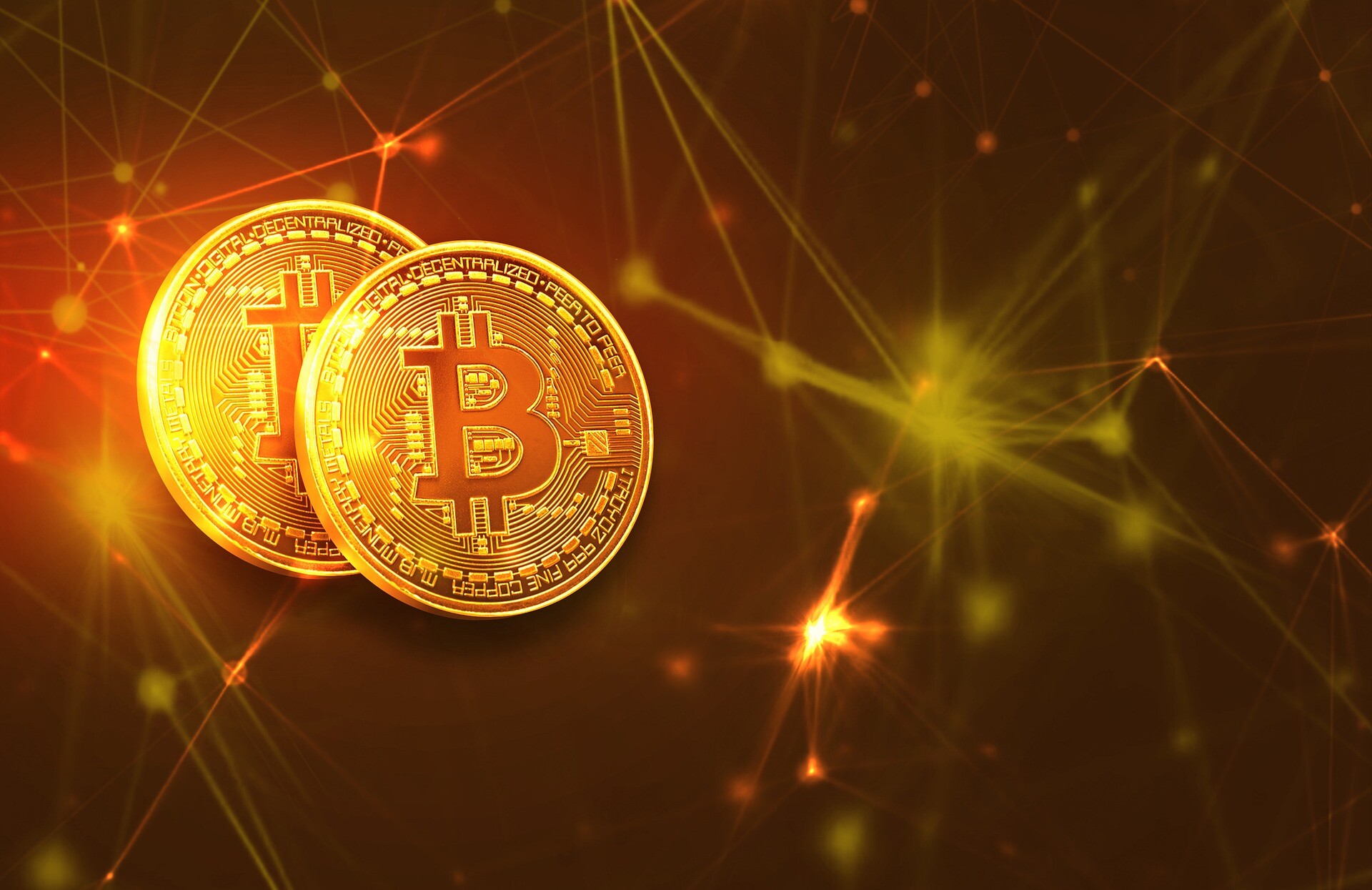 Two golden Bitcoin coins, Network node connections, Glowing orange particles Two golden Bitcoin coins, Network node connections, Glowing orange particles — 1920×1245 HD wallpaper