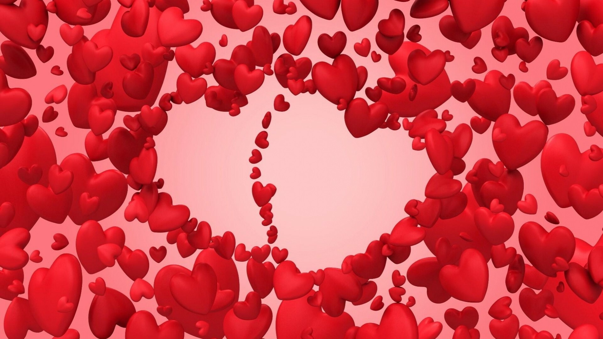 Red heart cluster, Heart-shaped negative space, Pink pastel backdrop — 1920×1080 HD wallpaper