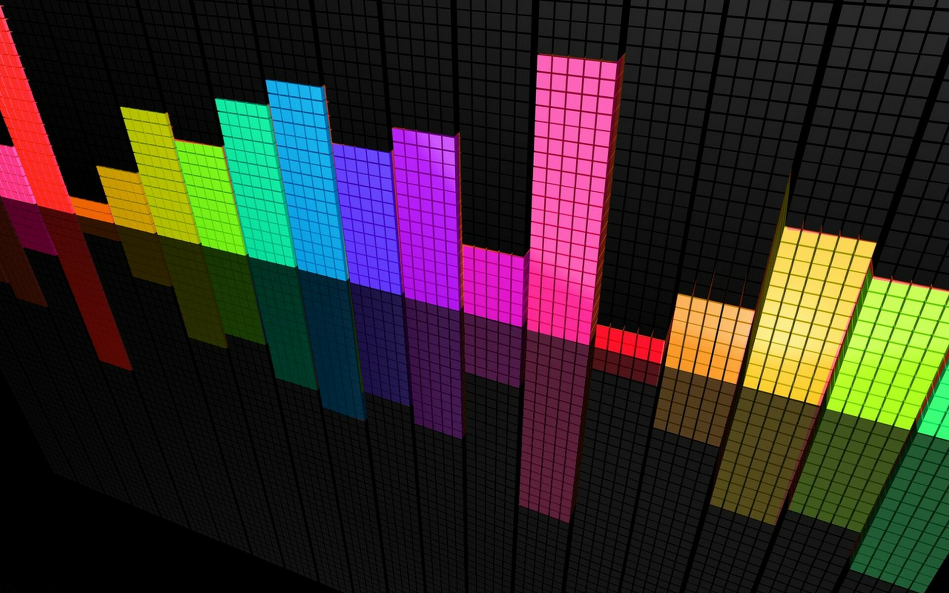 Neon equalizer bars, 3D rainbow spectrum columns, Dark grid backdrop Neon equalizer bars, 3D rainbow spectrum columns, Dark grid backdrop — 1920×1200 HD wallpaper