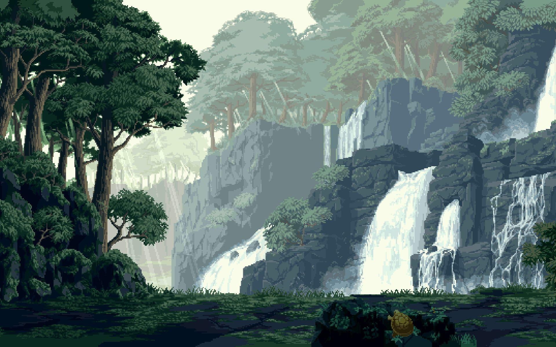 Pixel art waterfall, Misty forest cliffs, Sunlit green trees Pixel art waterfall, Misty forest cliffs, Sunlit green trees — 1920×1200 HD wallpaper