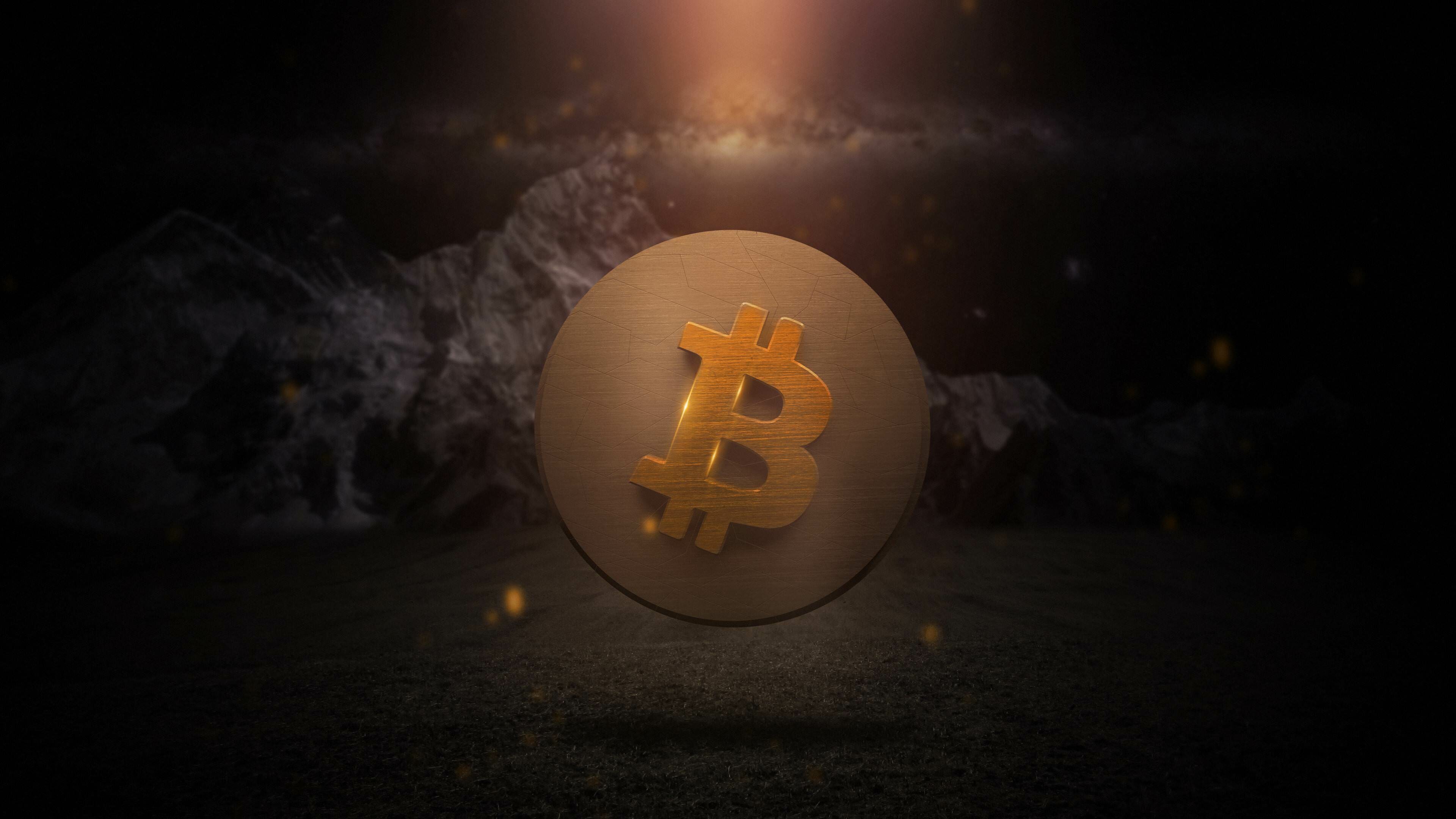 Golden Bitcoin coin, Dark mountain landscape, Glowing light beam Golden Bitcoin coin, Dark mountain landscape, Glowing light beam — 3840×2160 HD wallpaper