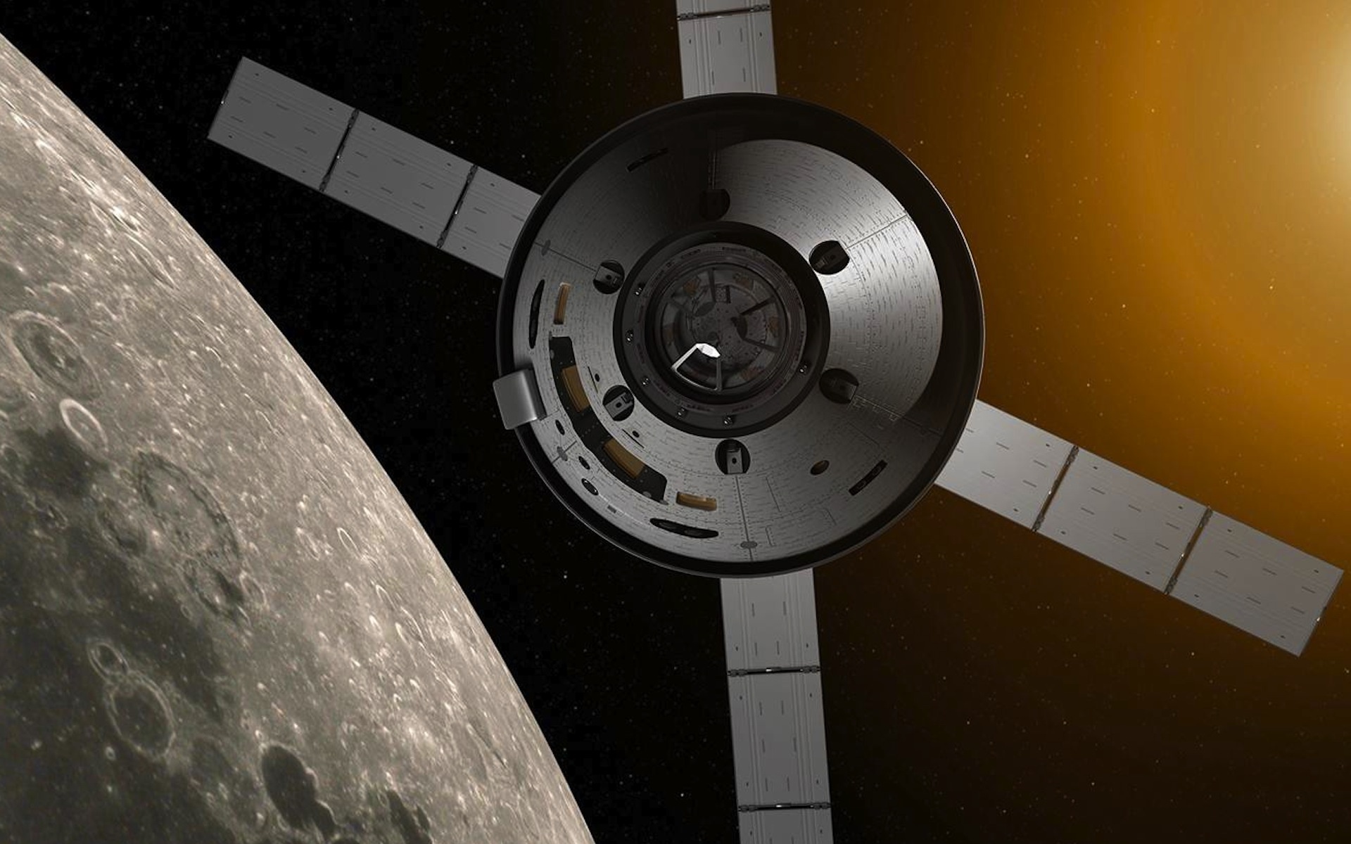 Orion spacecraft, Cratered lunar surface, Solar panel arrays, Distant sun glow — 1920×1200 HD wallpaper