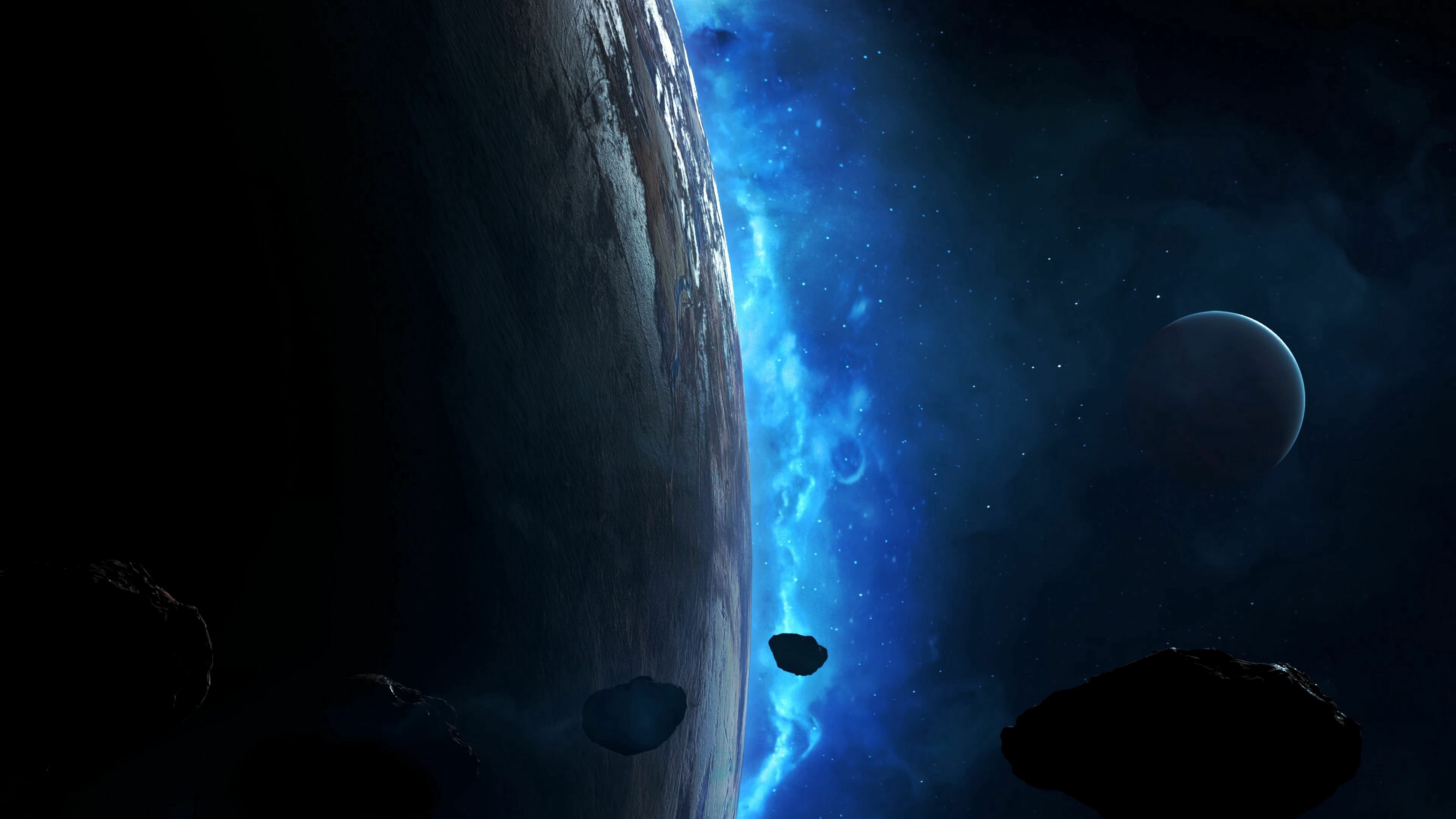 Cratered planet surface, Floating asteroids, Blue nebula starfield Cratered planet surface, Floating asteroids, Blue nebula starfield — 3840×2160 HD wallpaper
