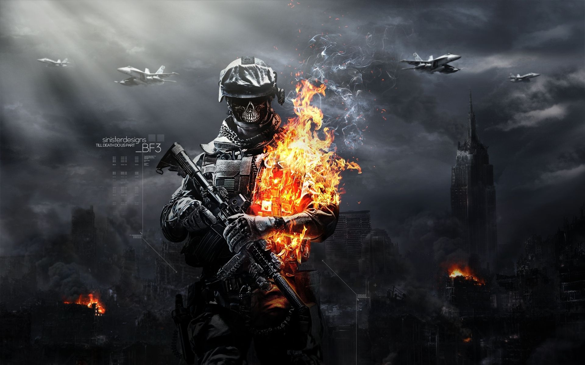 Battlefield 3 skull soldier, F/A-18 fighter jets, Burning city ruins Battlefield 3 skull soldier, F/A-18 fighter jets, Burning city ruins — 1920×1200 HD wallpaper